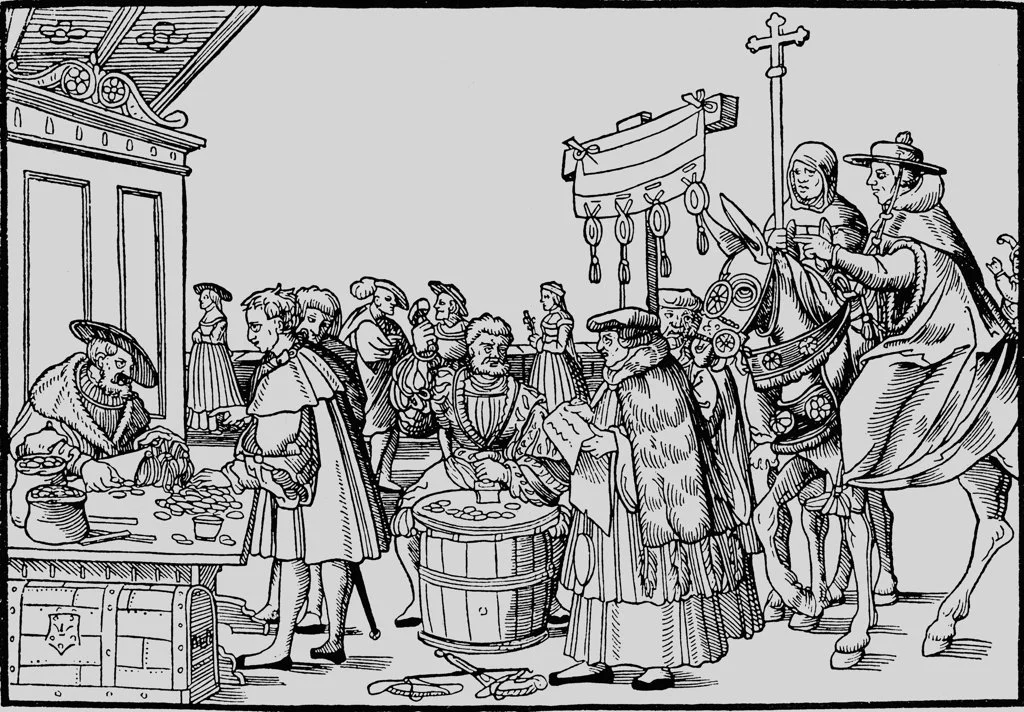 Selling indulgences. A woodcut from around 1510.