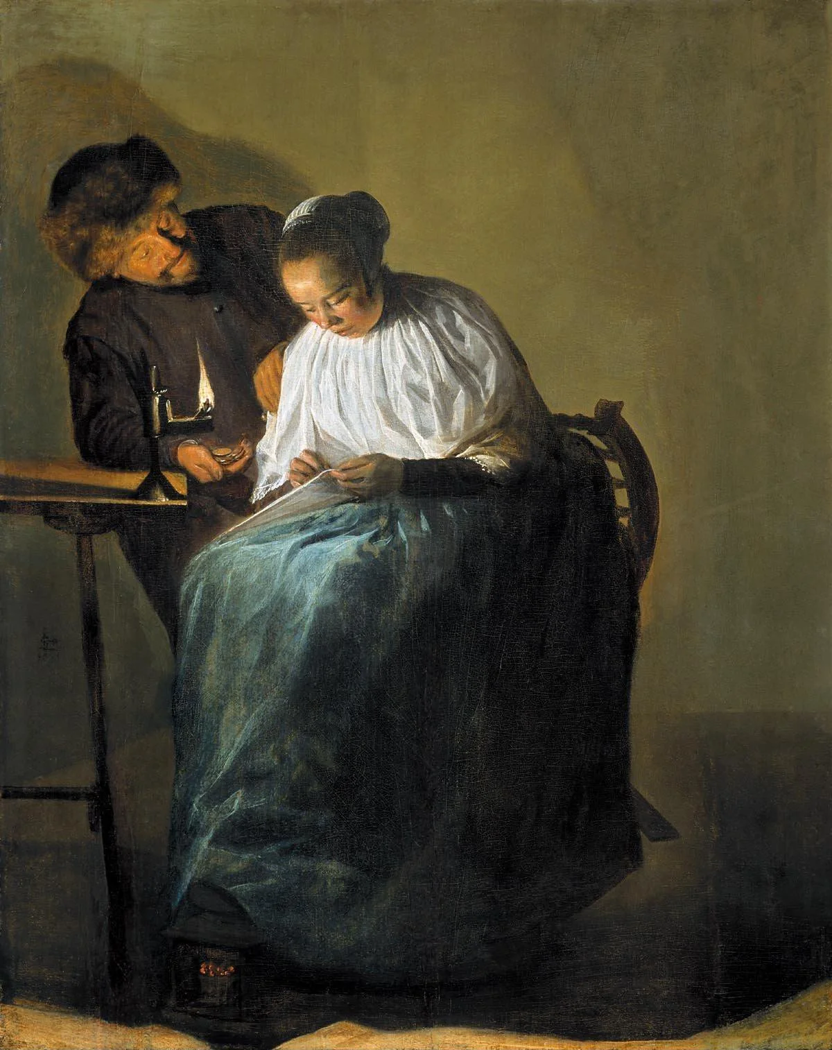 The Proposition or Man offering money to a young woman (1631). Judith Leyster
(1609–1660)  Oil on panel, 30.9 x24.2 cm (12.1 x 9.5 in). Mauritshuis, The Hague