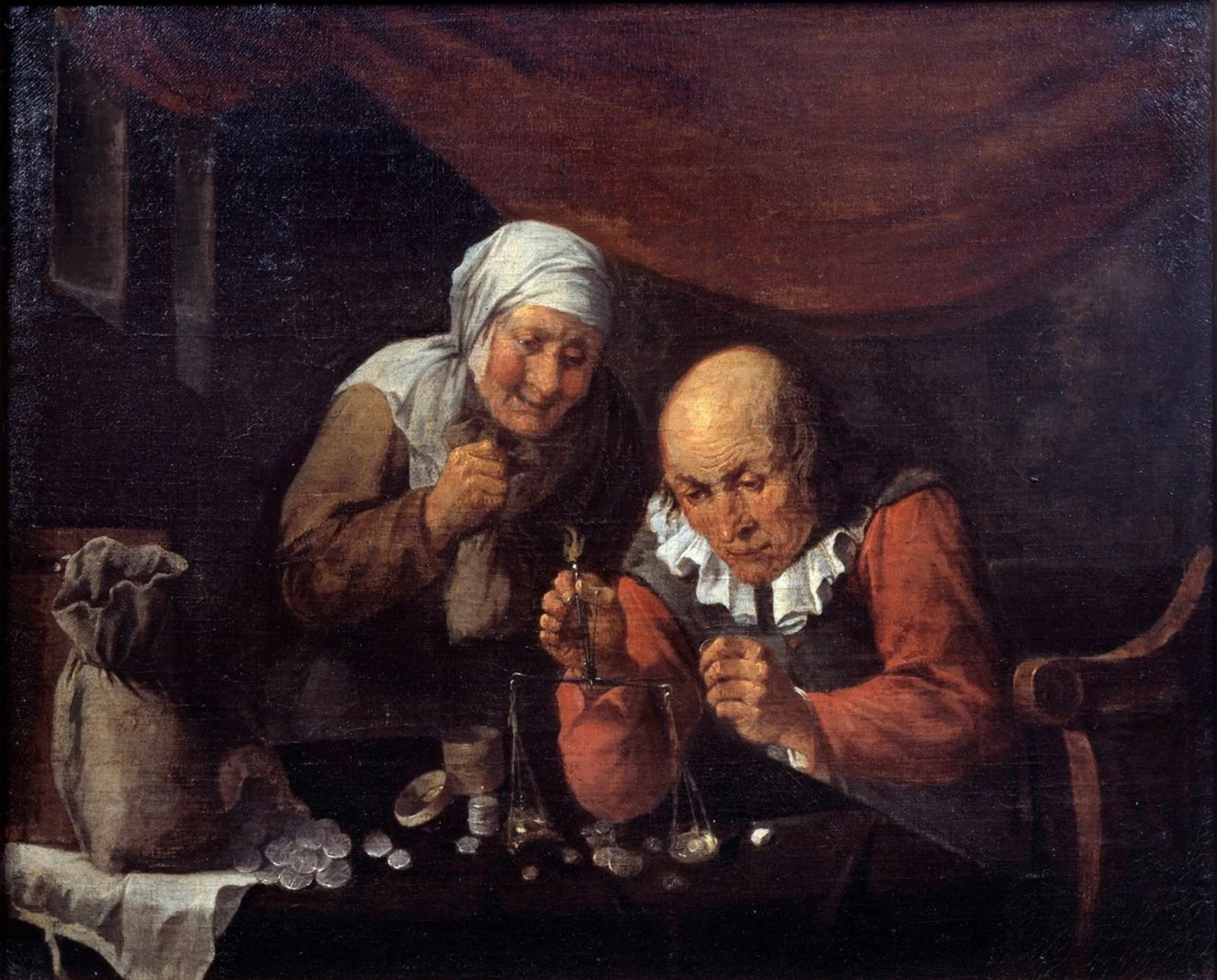 The greedy couple weighing their possessions, by Flemish painter Gillis van Tilborgh or Gillis van Tilborch (c. 1625 – c. 1678). Oil on canvas.