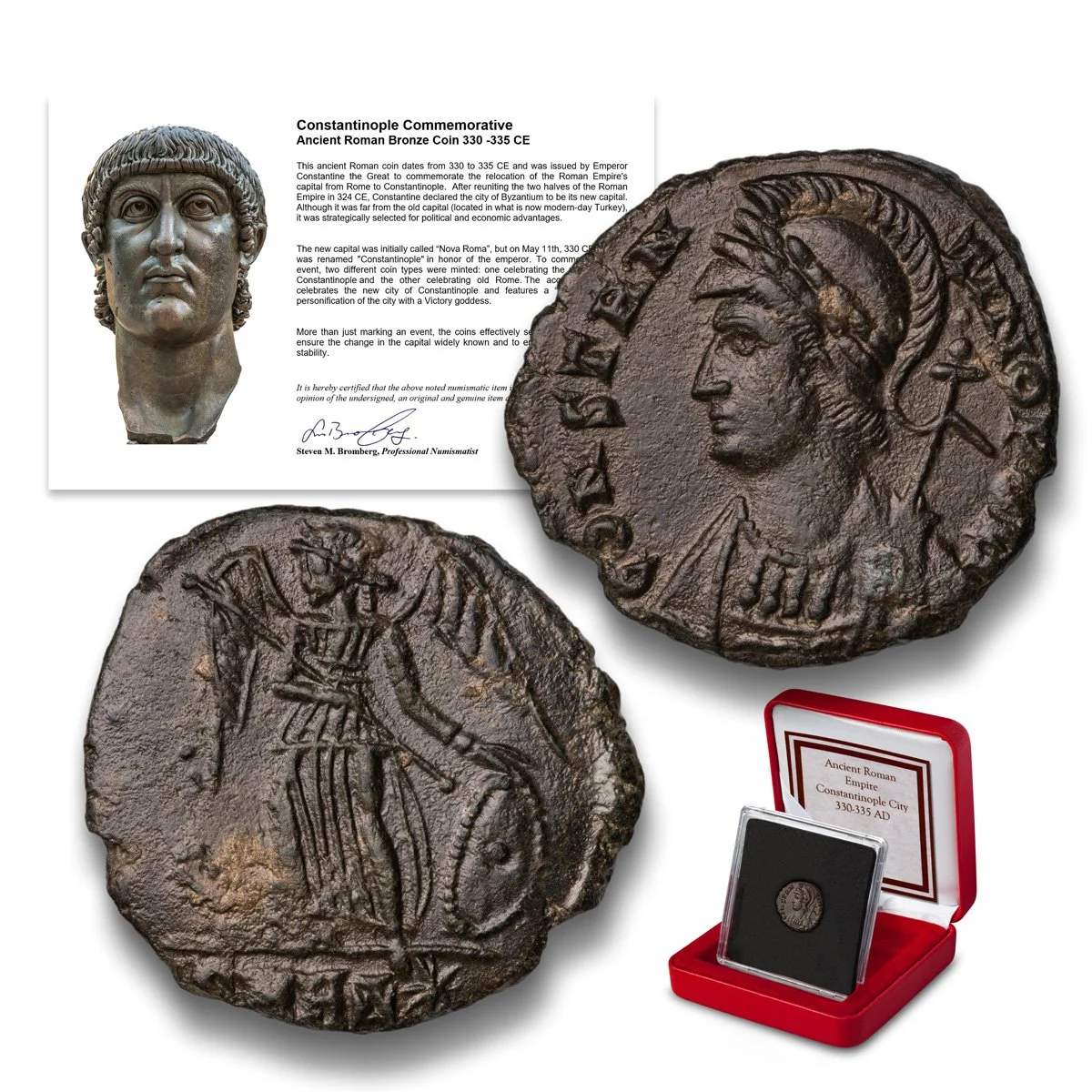Ancient Roman bronze coins from Constantinople, featuring profile portraits and inscriptions, displayed with an informational sign and a certificate of authenticity in a red case.