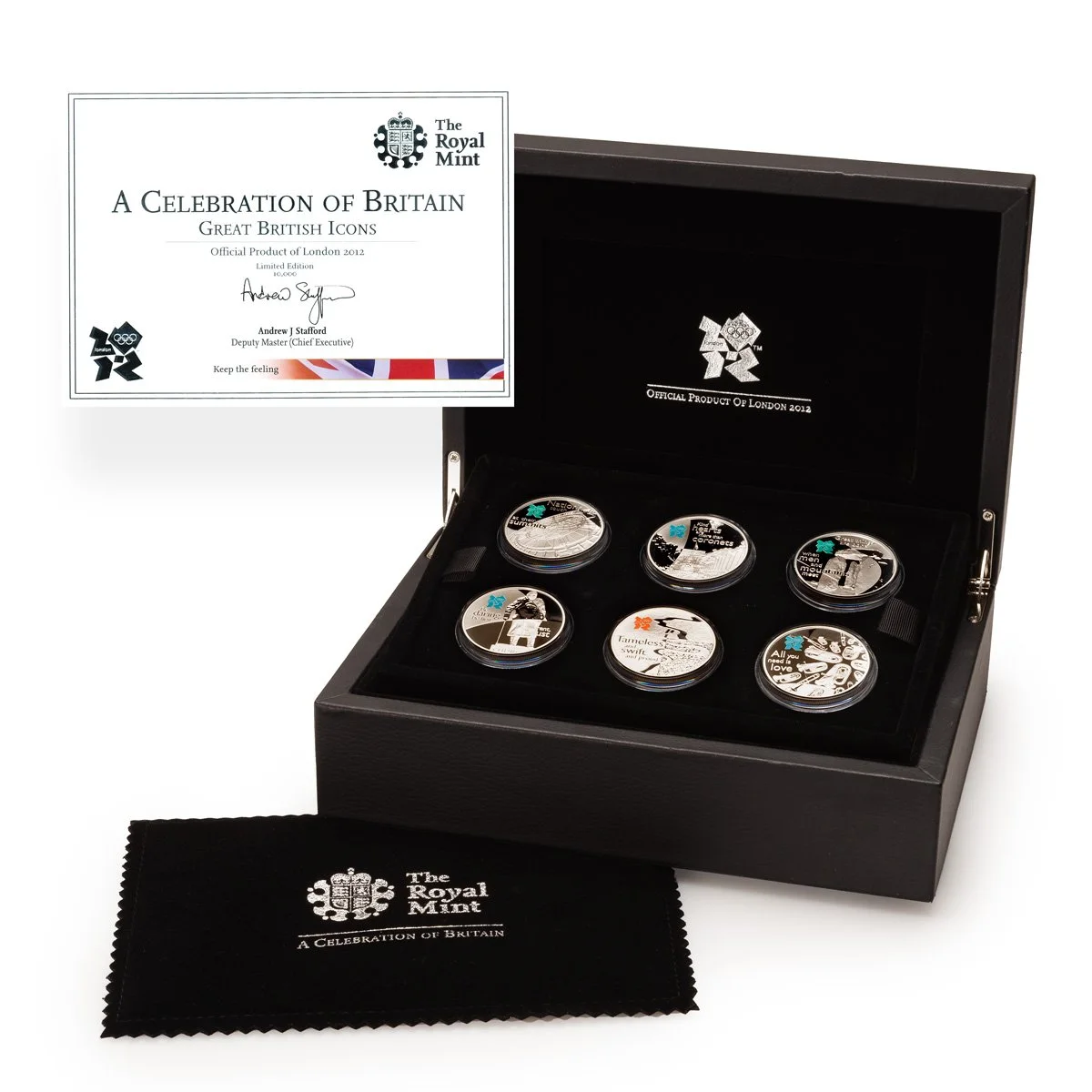 A collector's set of six silver coins celebrating Britain with the London 2012 Olympics logo inside a black box, accompanied by a certificate of authenticity, a black cloth pouch from The Royal Mint, and featuring designs related to the Olympics and 