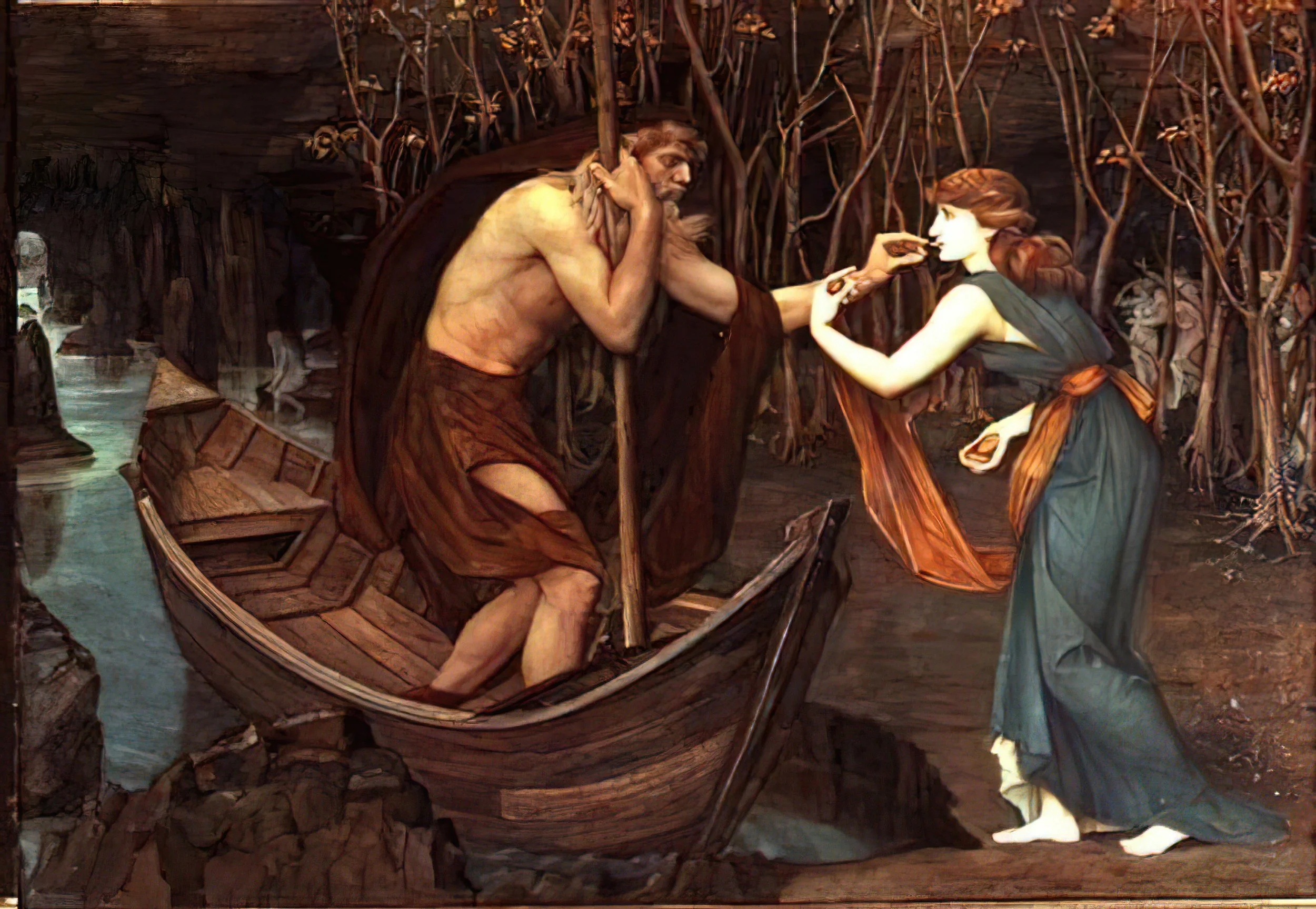Charon and Psyche by John Roddam Spencer Stanhope (1883). Oil on canvas.
