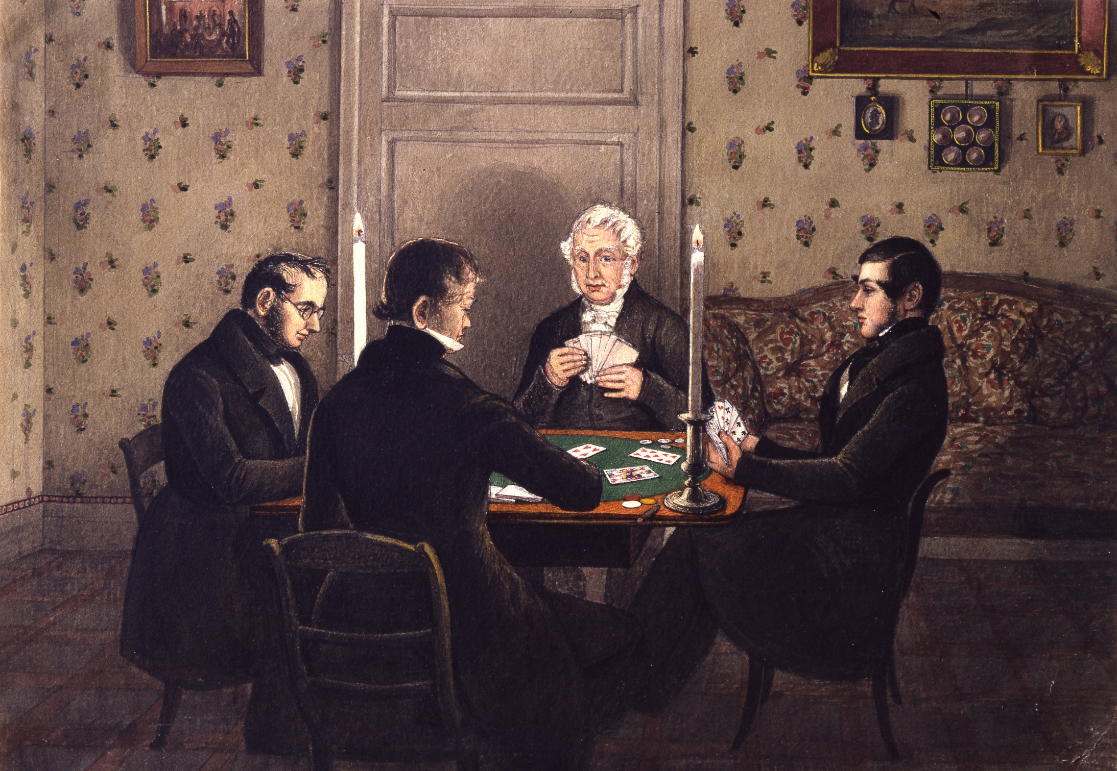 Card game counters on a gaming table depicted in this 1840’s watercolor painting titled “Johann Anton Sarg and three friends playing whist by candlelight”, by Mary Ellen Best. 