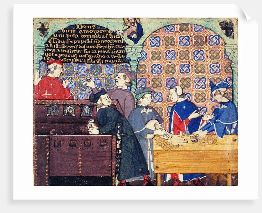 Medieval illustration depicting a scene in a meeting room with several men in period clothing, some sitting at a table with coins,  ledgers, and others standing and gesturing, set against a decorative geometric patterned background.