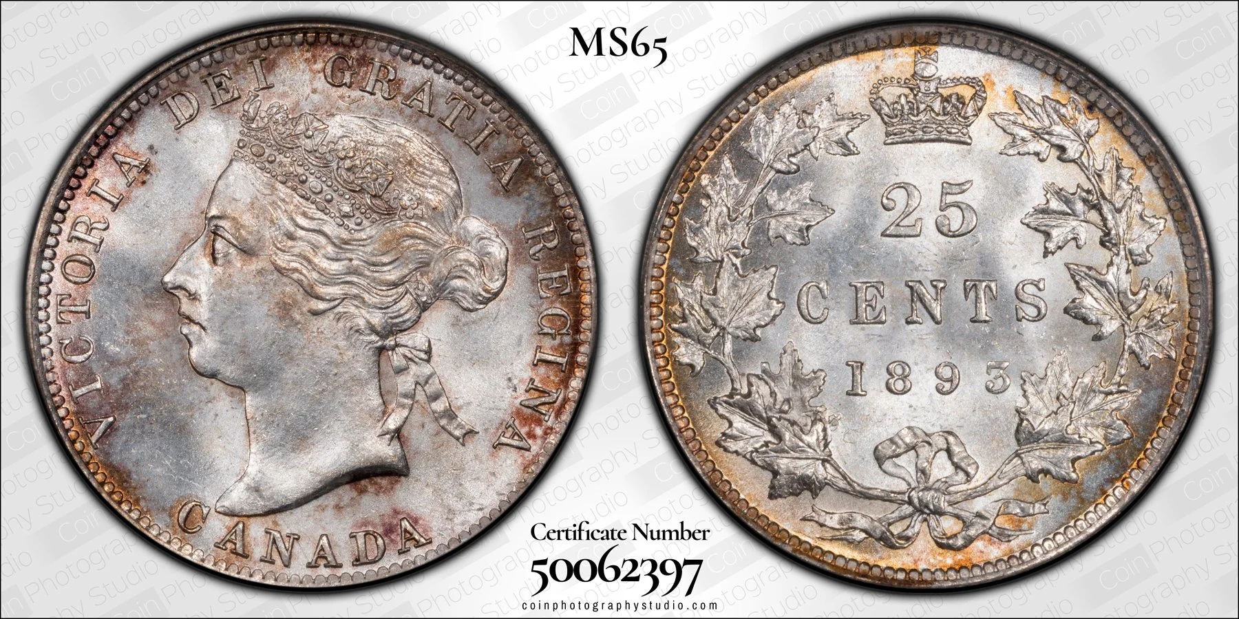 A 1895 Canadian 25 cents silver coin showing Queen Victoria's profile with detailed hair and a crown on her head, inscribed with "VICTORIA DEI GRATIA REGINA CANADA" around the edge. The reverse side shows "25 CENTS 1895" within a wreath of maple leav