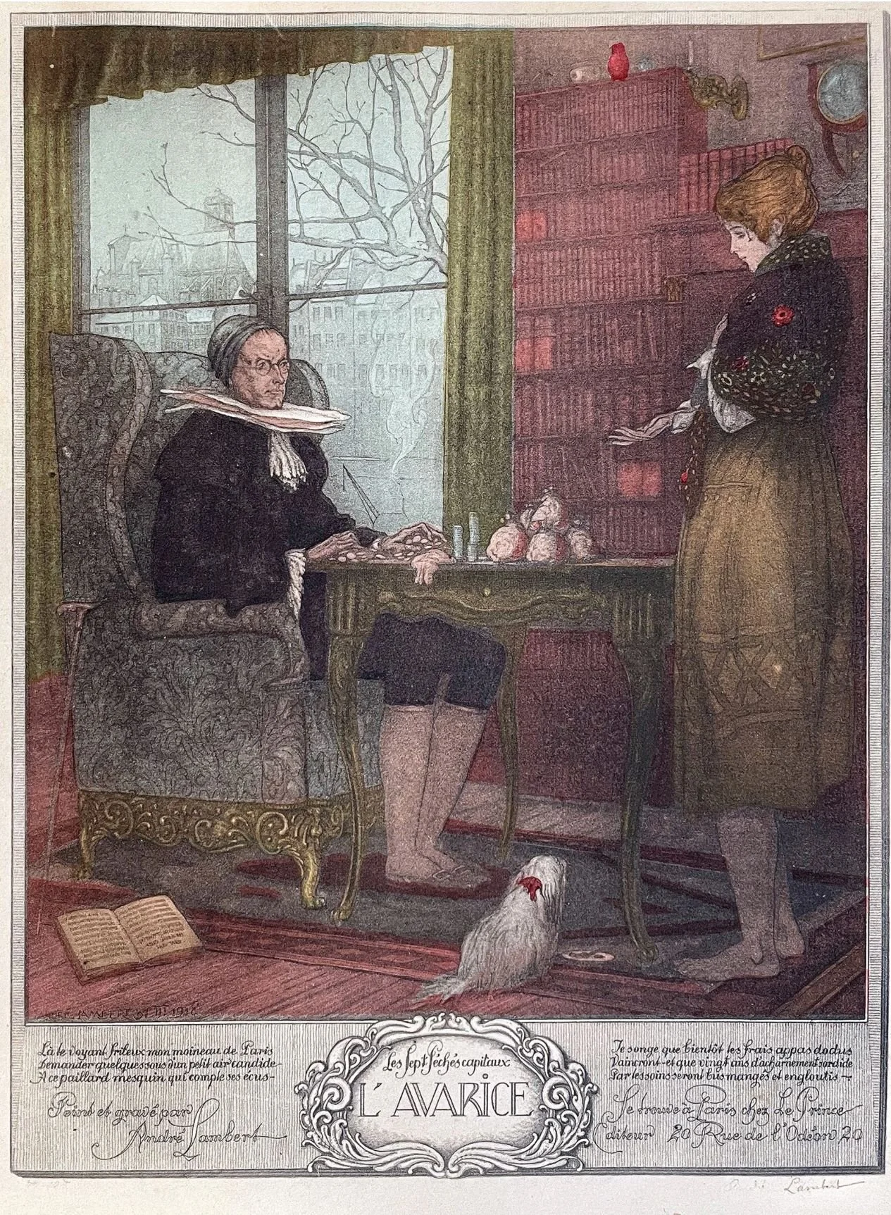 Avarice; a drawing by André Lambert, 1918. One of a suite painted and engraved by André Lambert representing the seven deadly sins. 