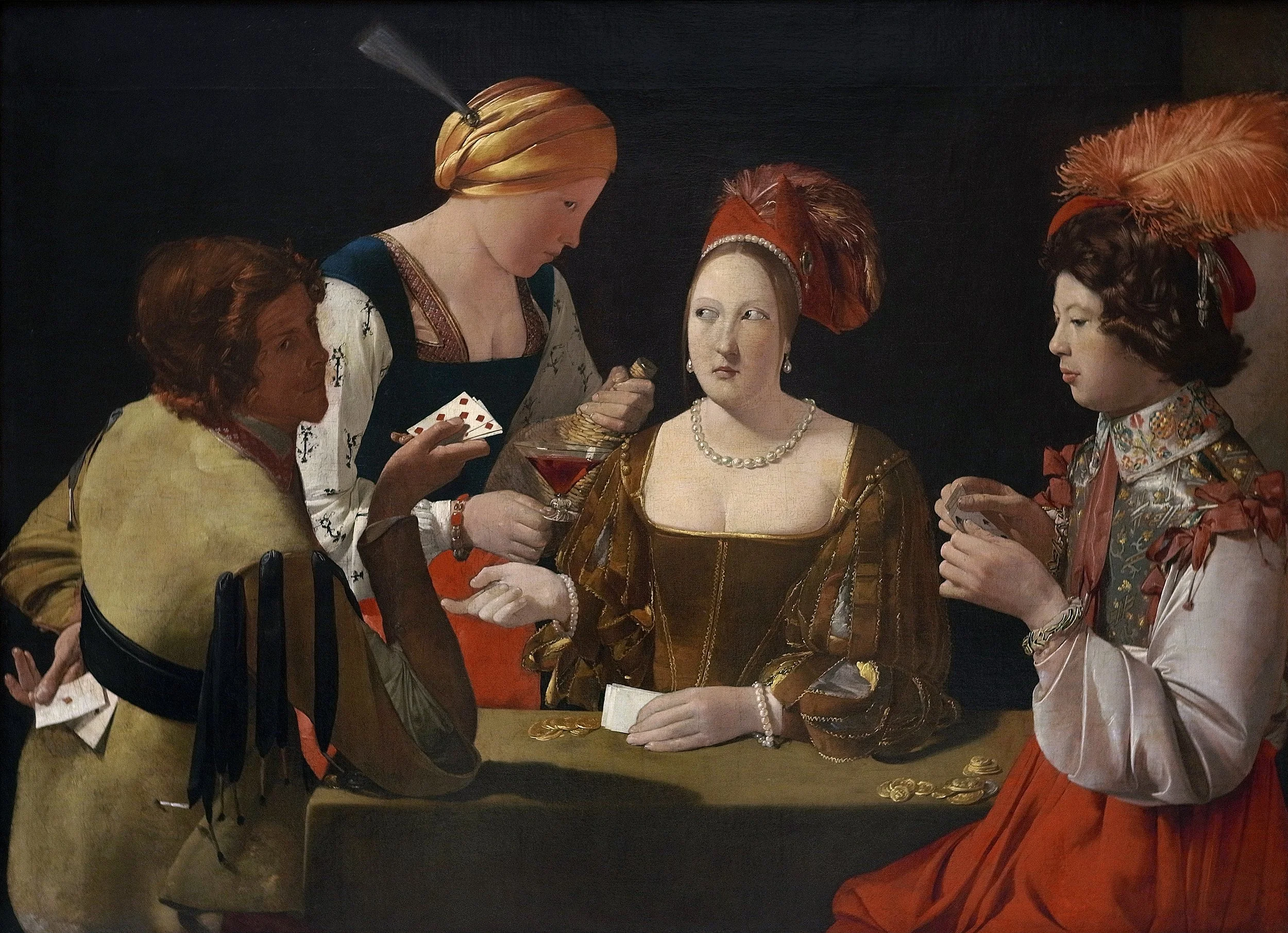 The Cheat with the Ace of Diamonds by French painter and architectural draftsperson Georges de La Tour. 

Though its commissioner is unknown, it is signed Georgius De La Tour fecit under the card sharp's elbow and in the shadow of the tablecloth.

Th