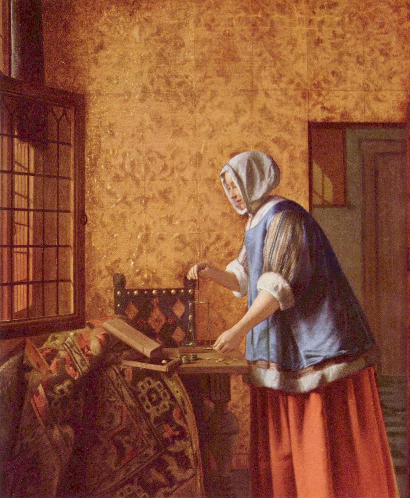 Die Goldwägerin- Interior with a Woman weighing Gold Coin by Pieter de Hooch- 1664- oil on canvas