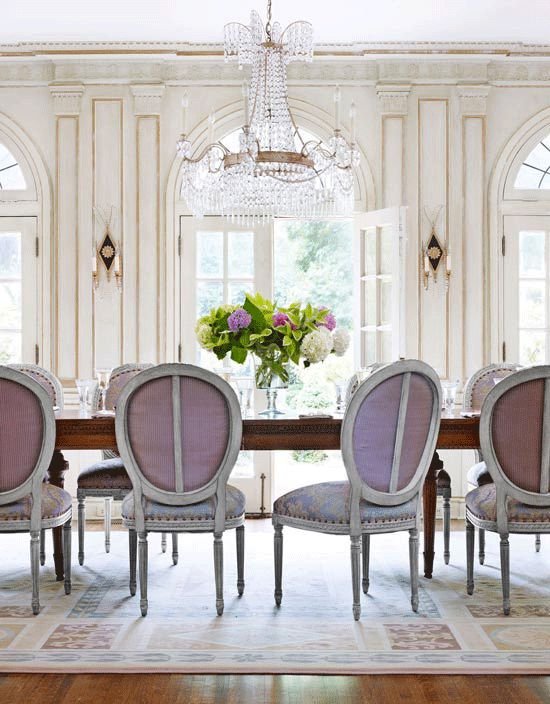  Here is another dining room using lavender chairs. &nbsp;The traditionally of this room is basically the opposite of the room above. &nbsp;Still lovely!  Image via  Traditional Home  