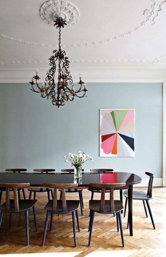  I love how the blue makes a statement in this modern dining room, however,&nbsp;doesn't take away from the architectural details on the ceiling. &nbsp;I also love the off-centered bold piece of artwork. &nbsp;It's certainly a cooler space (especiall