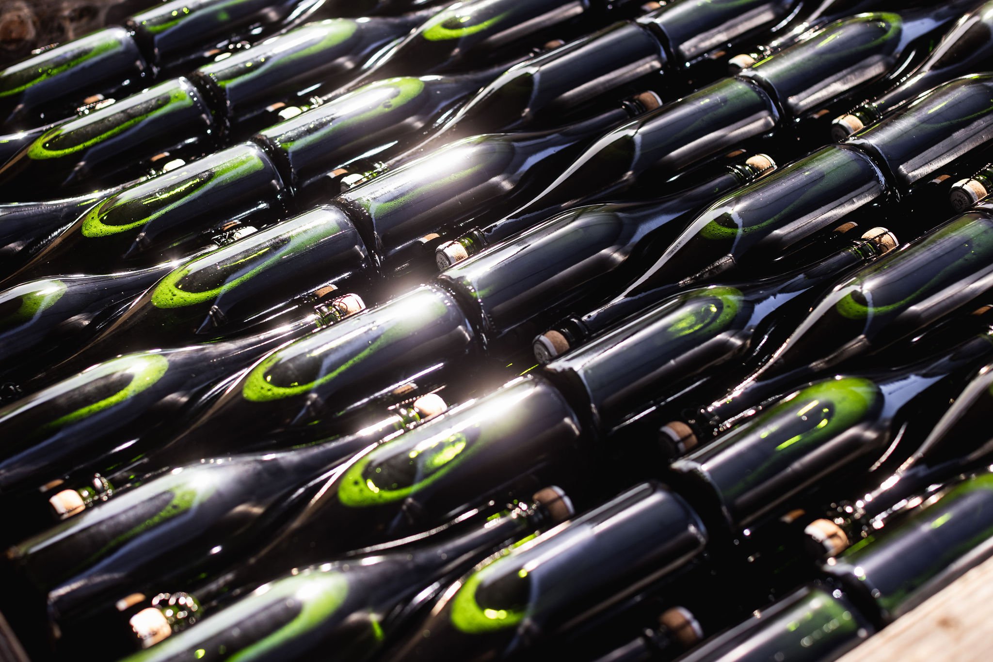 Rows of green glass wine bottles filled with liquid, laid horizontally.