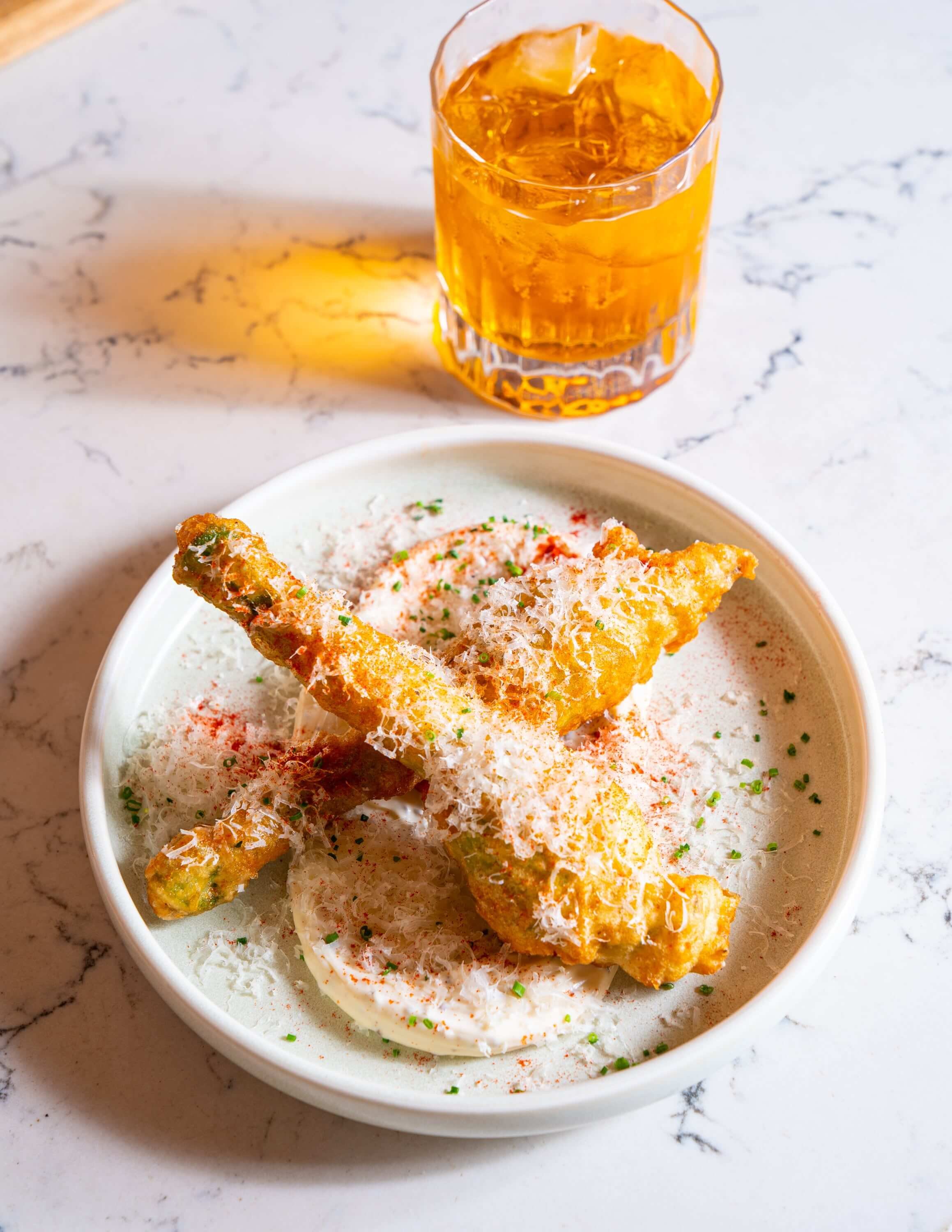  Eggs Your Way with fried zucchini flower 