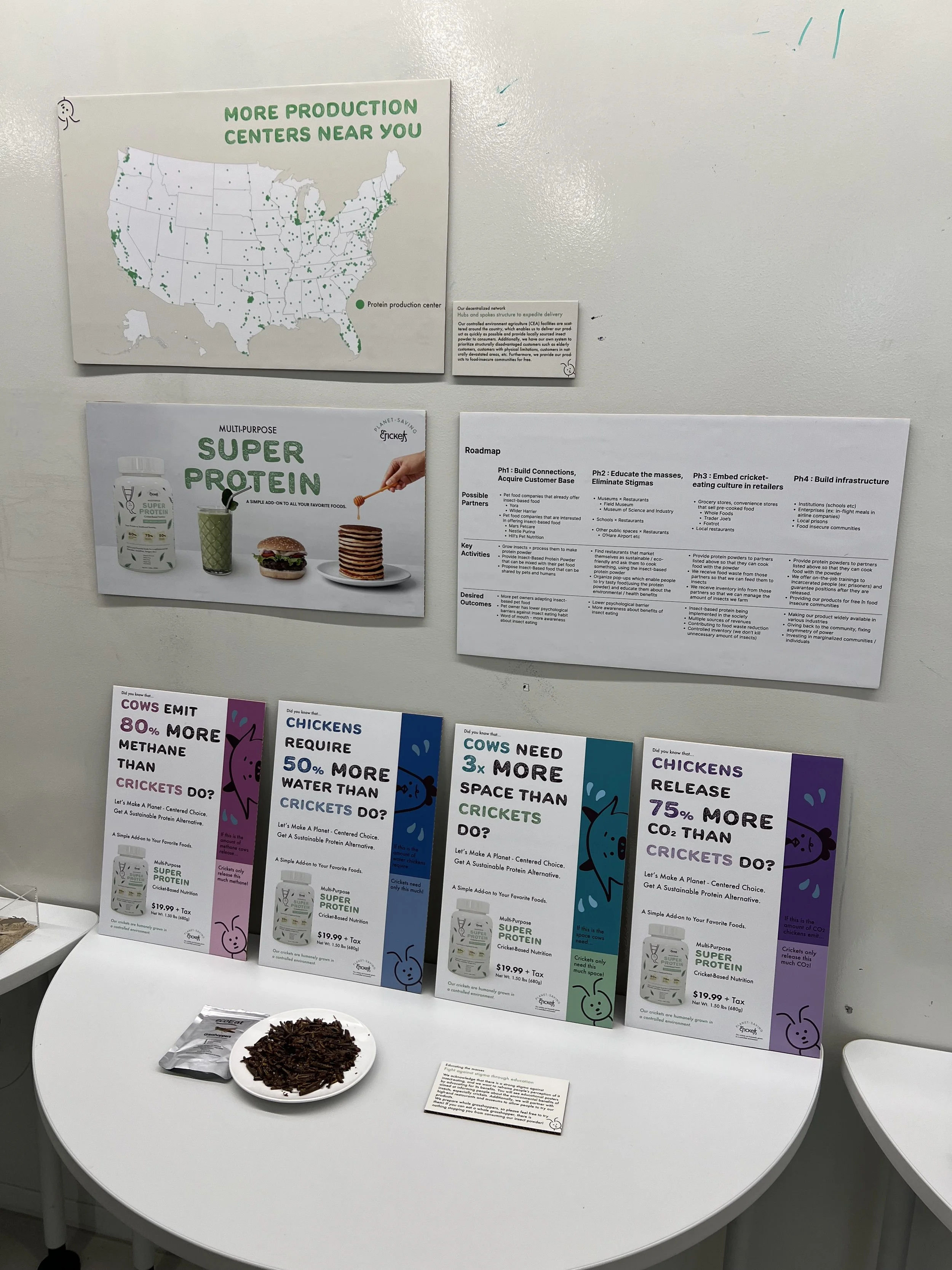 Our final branding prototypes (created by Ran Konaka!) and a plate of crickets for sampling.