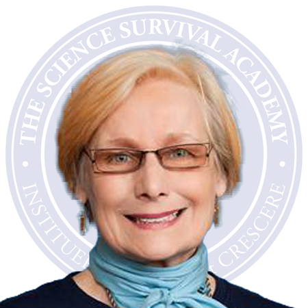 Seal of The Science Survival Academy with icons of a government building, a microscope, a fountain pen, and a book on a shield