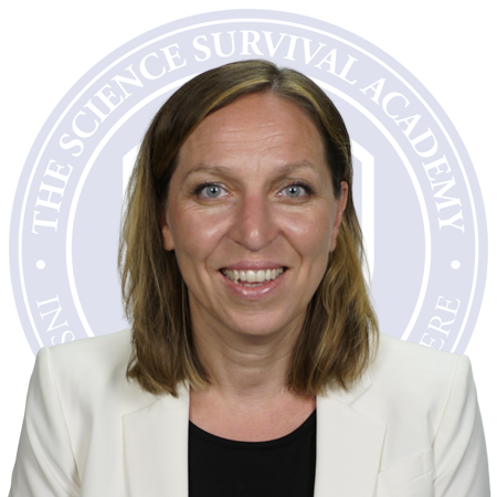 Gray background with white circular emblem containing the text 'The Science Survival Academy' and 'Instituere Discede et Crescere'. The emblem features symbols of a classical building, spiral staircase, quill, and open book.