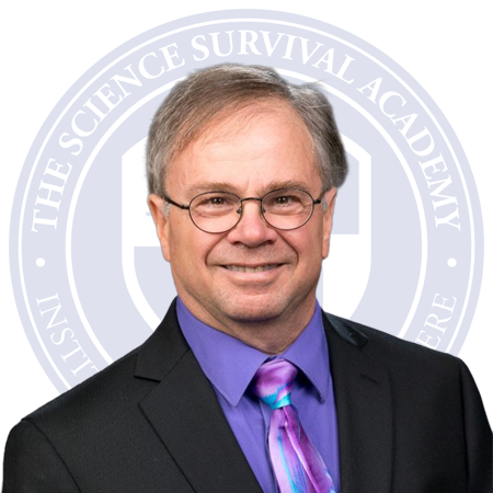 A grayscale emblem of The Science Survival Academy featuring a circular design with a shield divided into four sections containing a government building, a pickaxe, a fountain pen nib, and a book, with the Latin motto "Instuere Discere et Crescere" underneath.