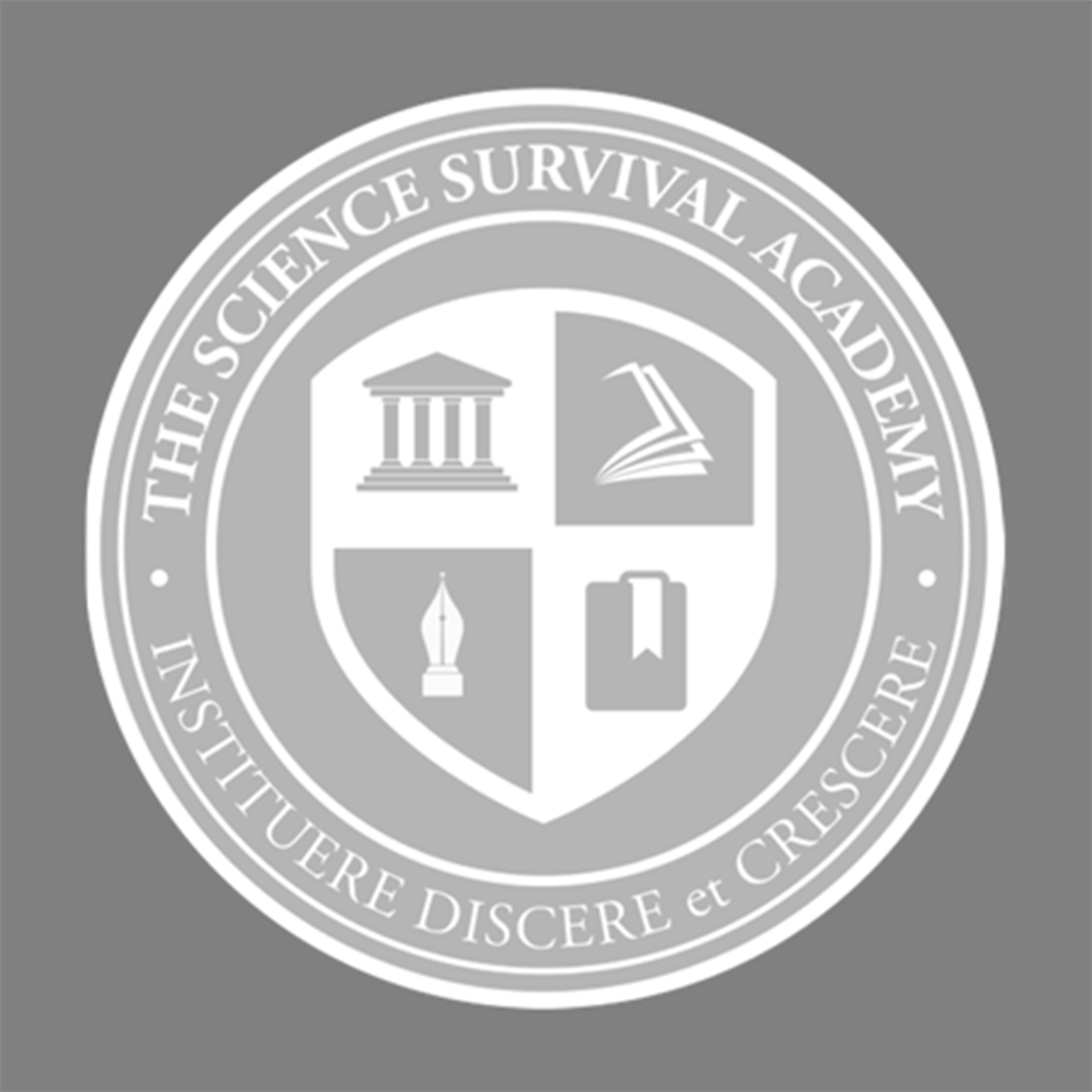 The logo of The Science Survival Academy featuring a shield with icons of a government building, a book, a quill, and a note, with Latin and English text around it.