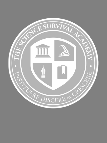 Seal of The Science Survival Academy with symbols of a government building, a microscope, a fountain pen, and a book on a shield, encircled by the Latin phrase 'Instuere Discere et Cresse'.