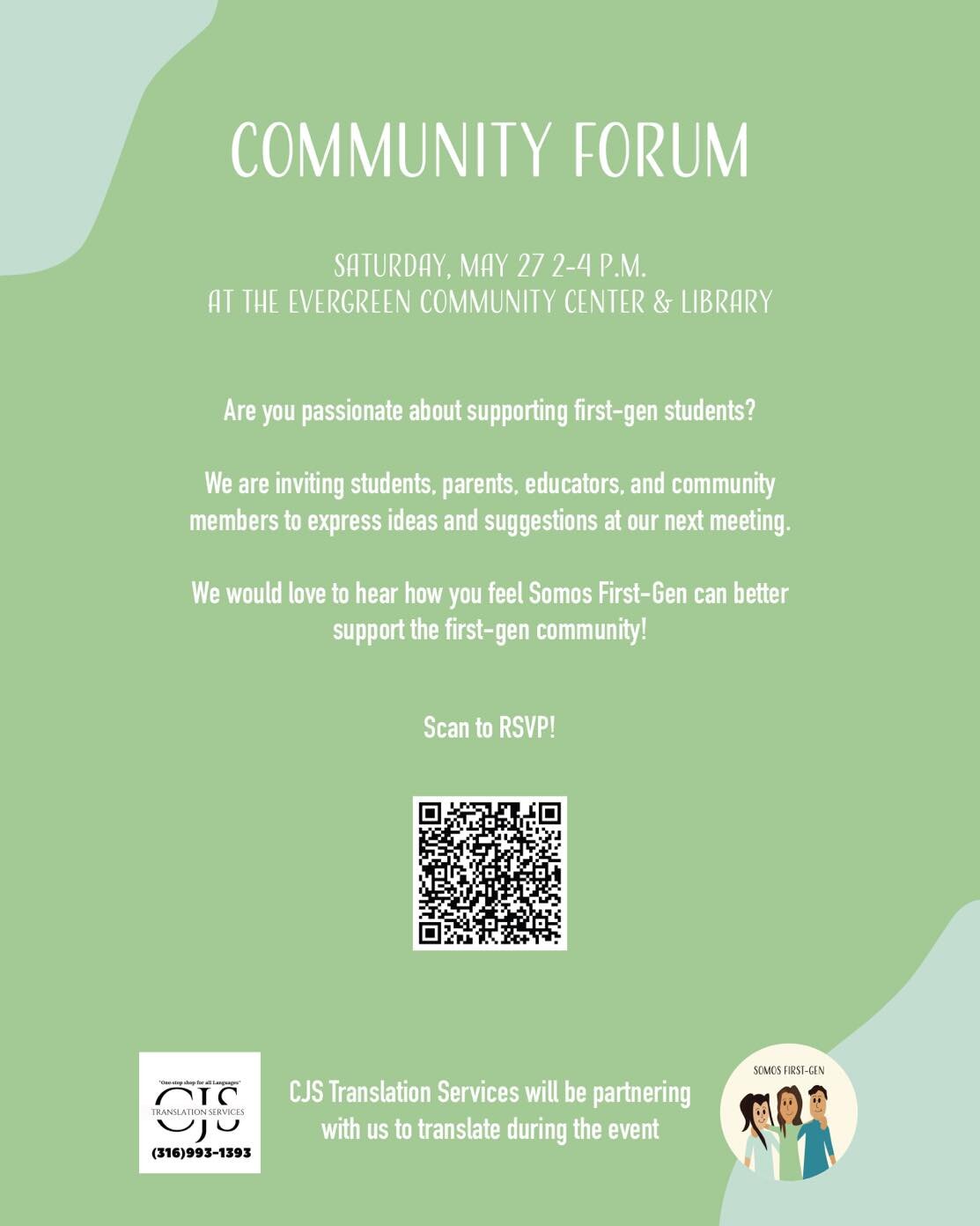 We are inviting students, parents, educators, and community members to express their ideas and suggestions on how we can best support first-generation students in our community! 
RSVP here: https://forms.gle/chn8WSG78Phez2yf8

Estamos invitado a los 