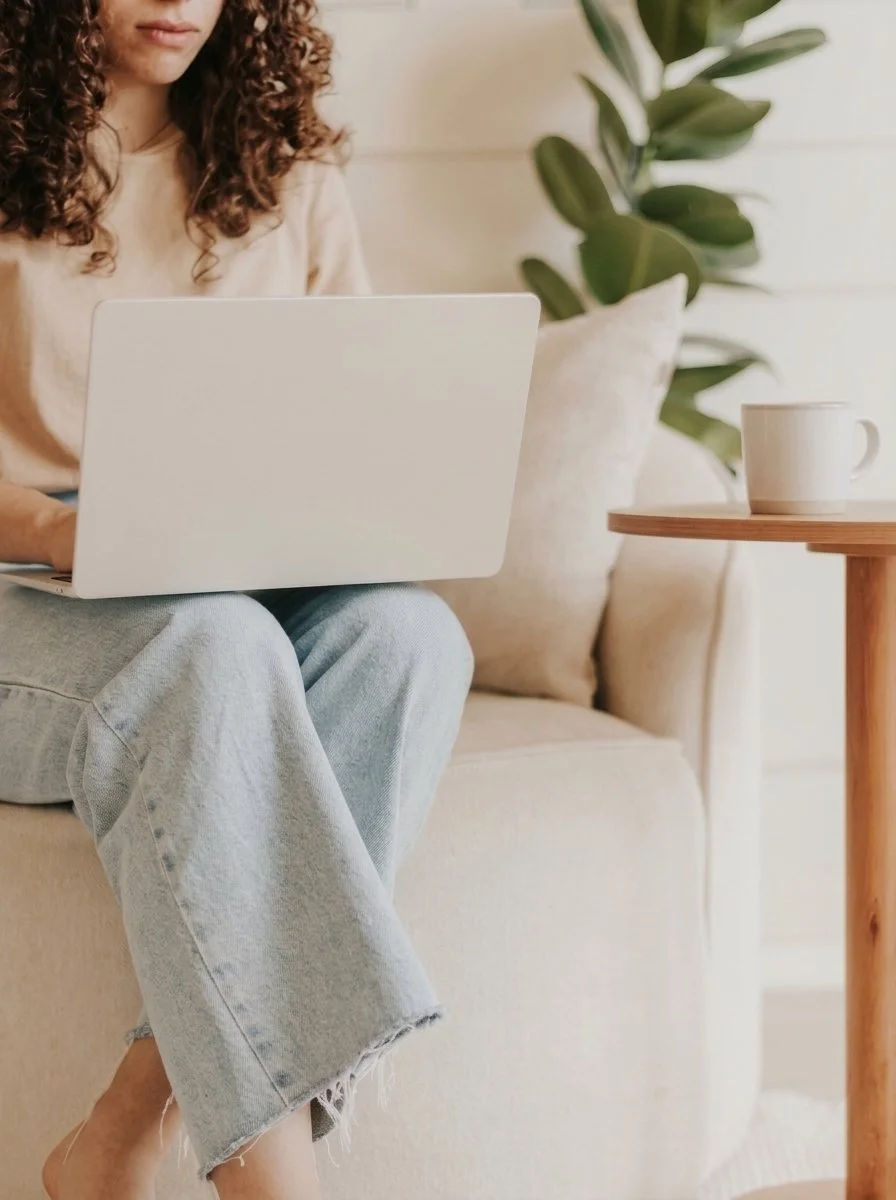 Laptop set up for an online therapy session at home in Ontario