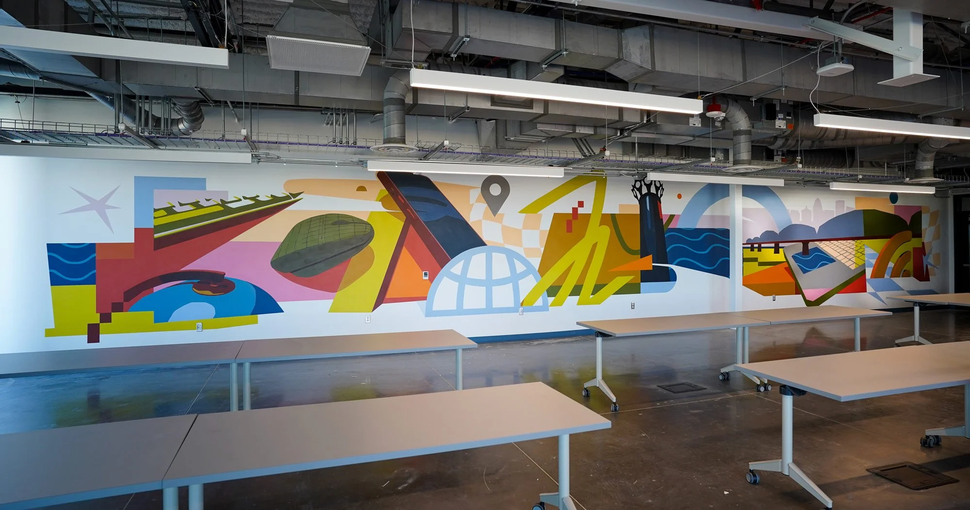 Interior data center office mural in Jeffersonville, Indiana depicting the cross between tech and local landmarks