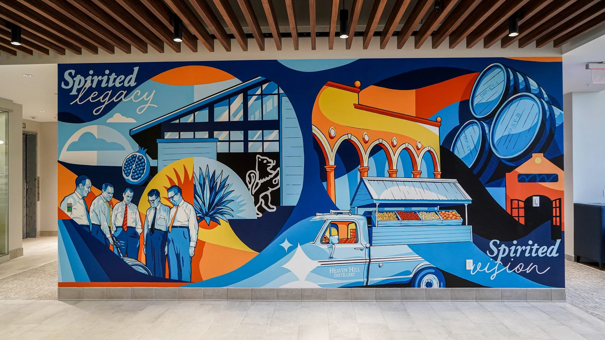 Heaven Hill Brands interior mural showing history and notable aspects of the company. This mural is the new east Louisville, Kentucky building.