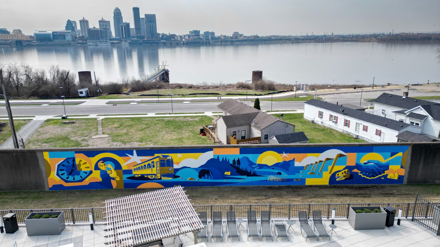 Exterior flood wall mural for Current 812 in Clarksville, Indiana
