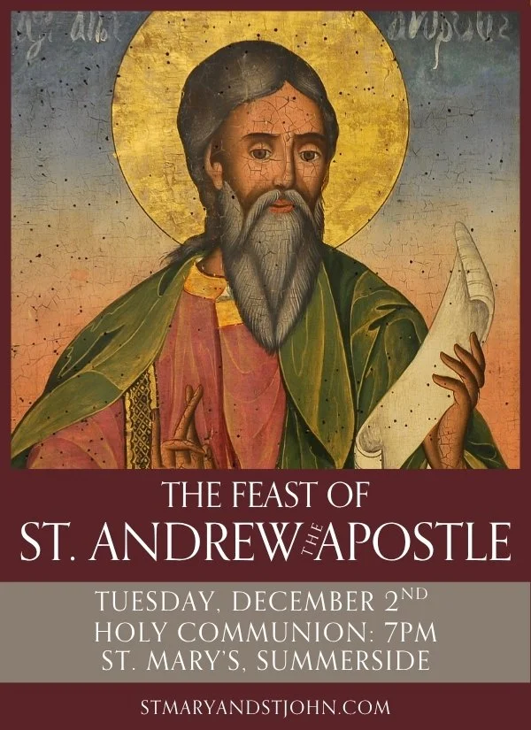 Religious poster featuring an icon-style painting of St. Andrew the Apostle with a gold halo, holding a scroll, and making a gesture with his hand, promoting a feast day celebration at St. Mary's, Summerside.