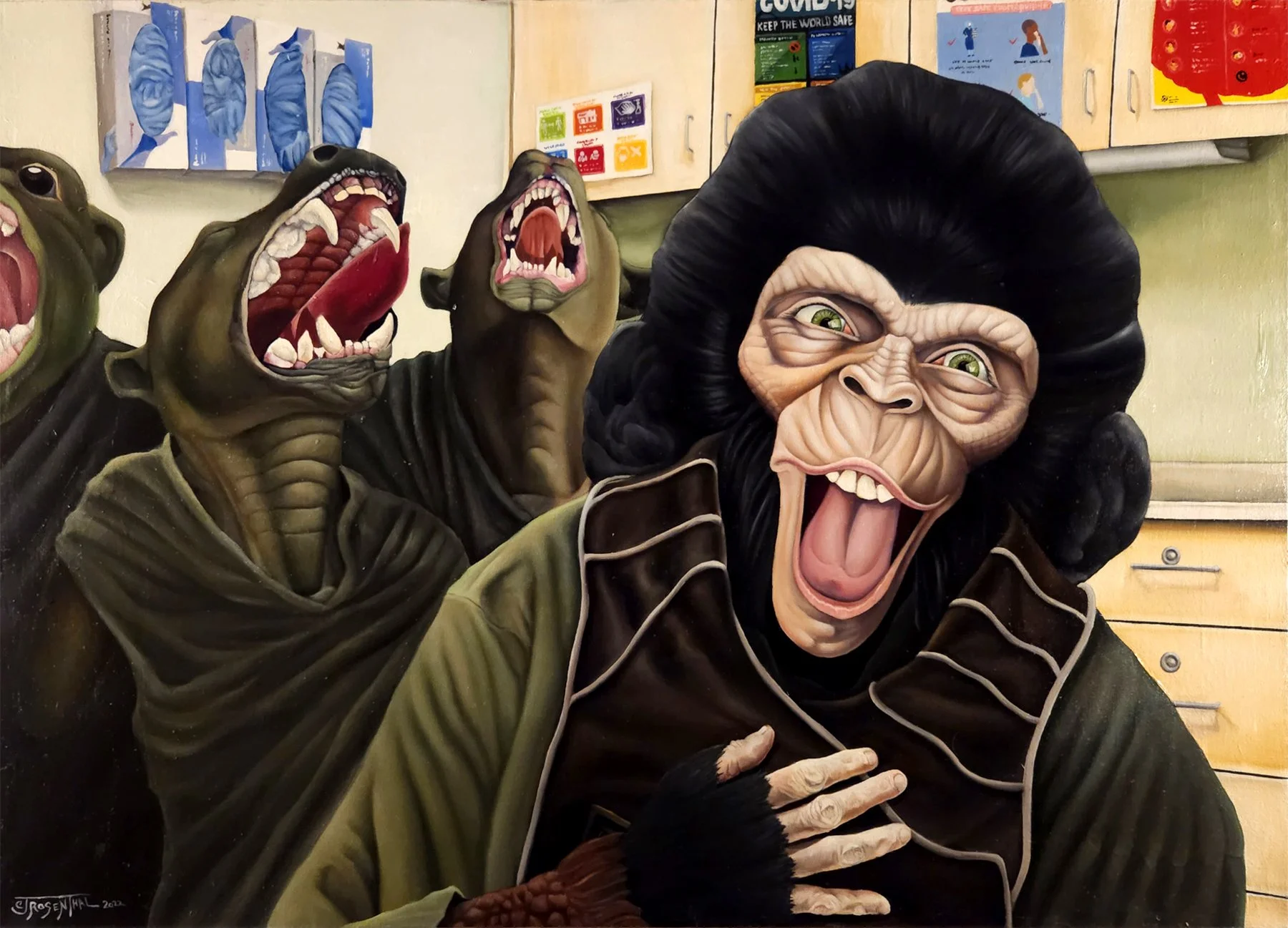 Dr. Zira Sharing a Laugh with Her Ivermectin Patients, 2022, oil on canvas, 32"x45"