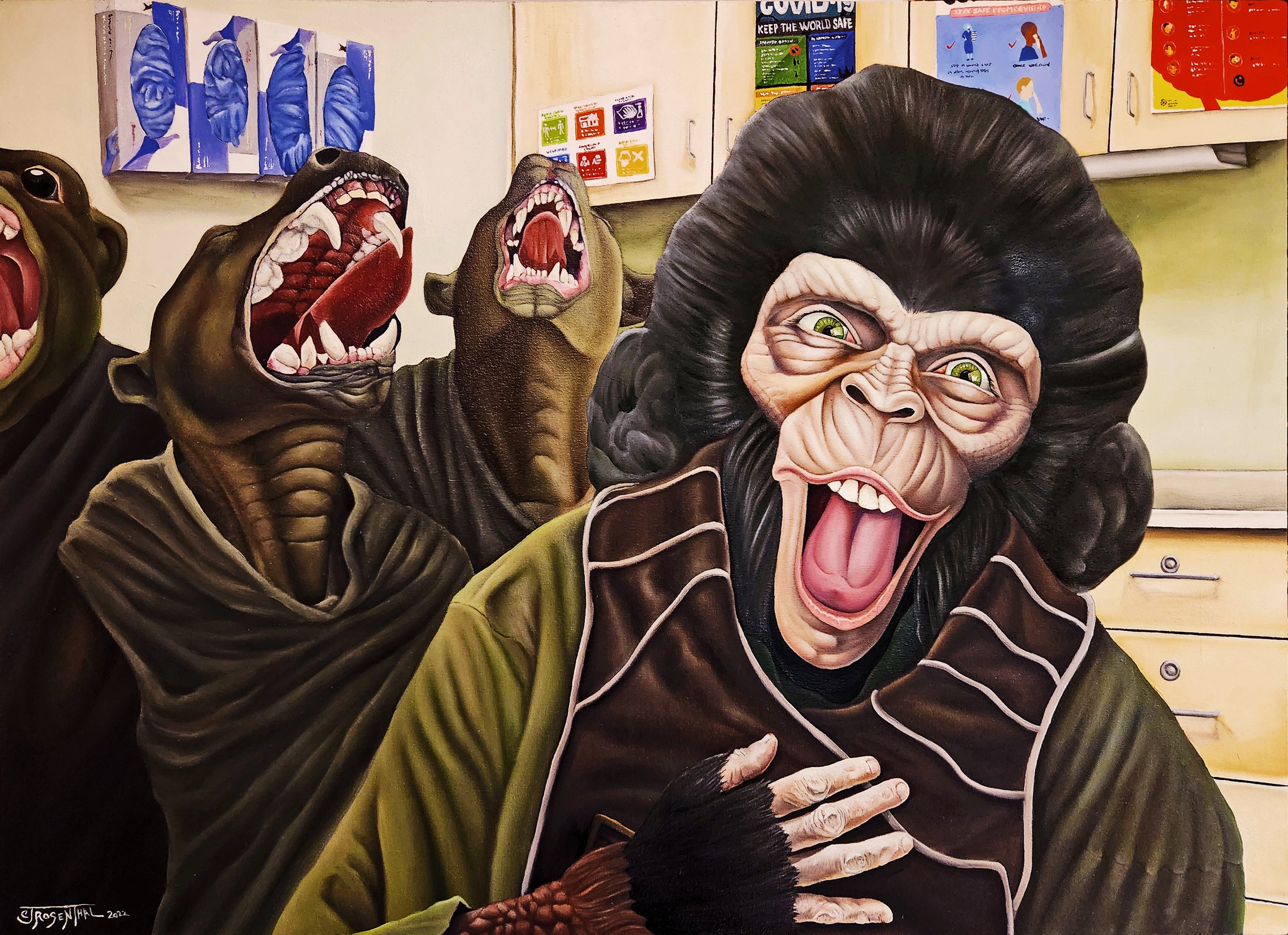 Dr. Zira Sharing a Laugh with Ivermectin Patients, 2022, oil on canvas, 32"x45"