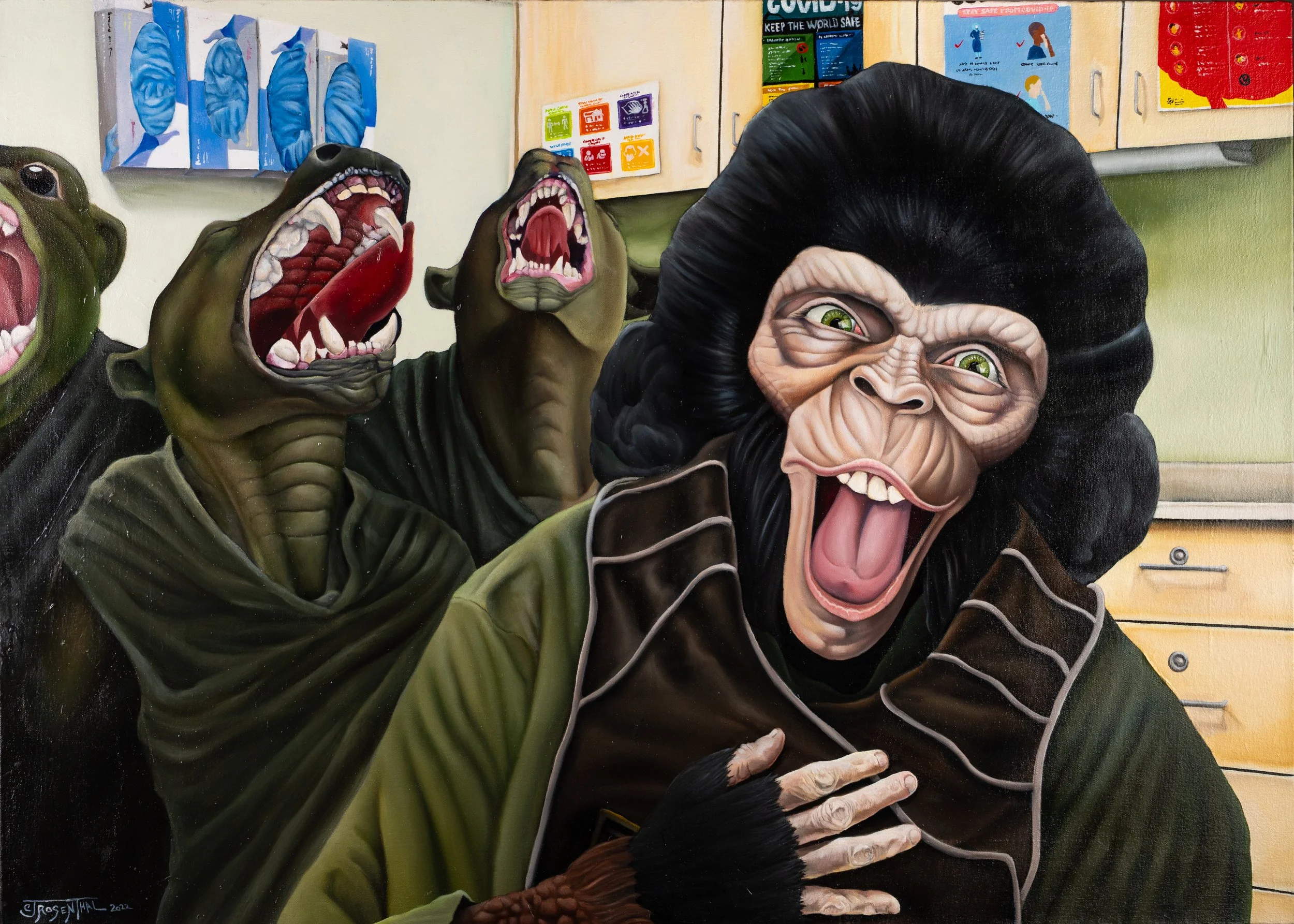Dr. Zira Sharing a Laugh with her Ivermectin Patients, 2022, oil on canvas, 36"x42"