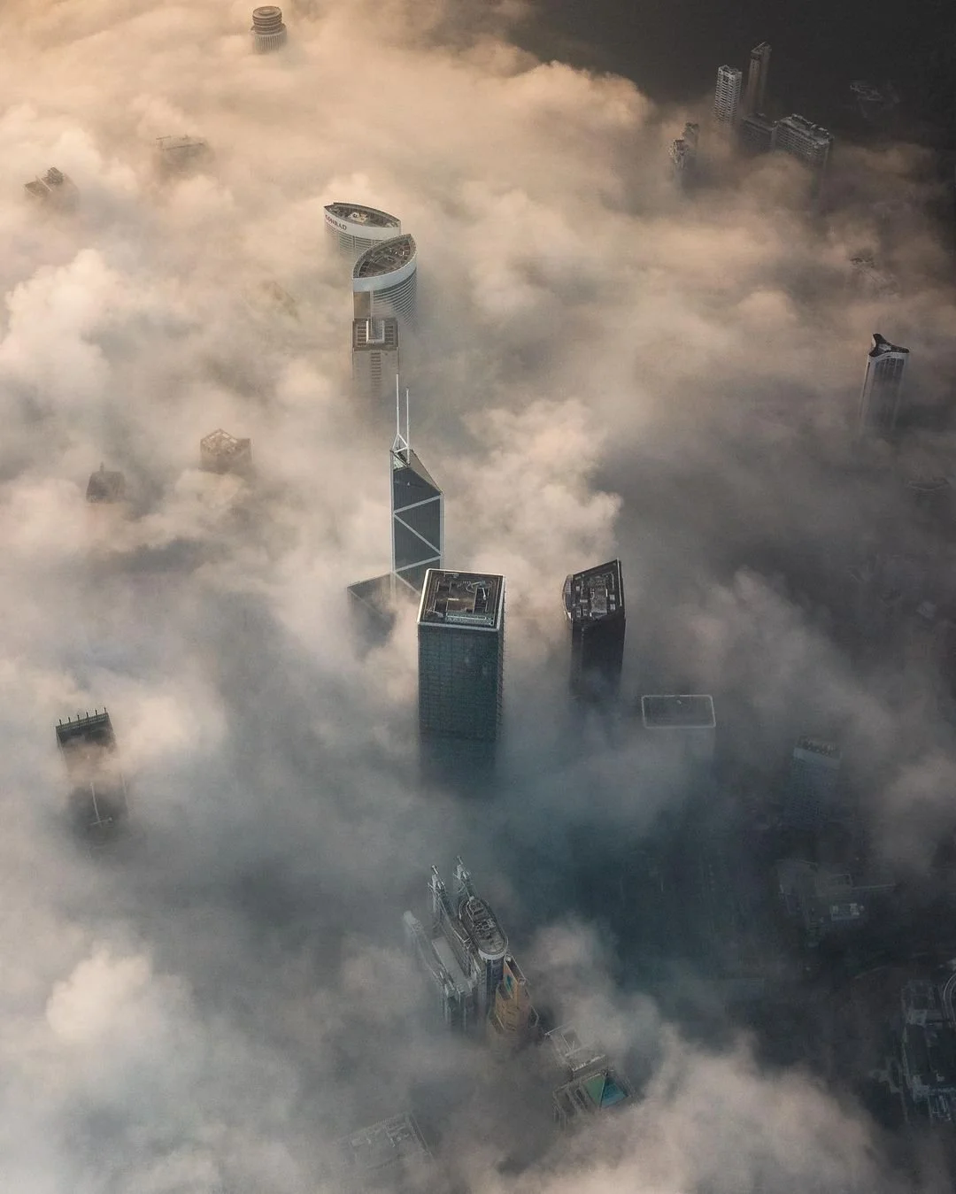 Aerial image of Bank of China and CBD in Hong Kong at sunrise