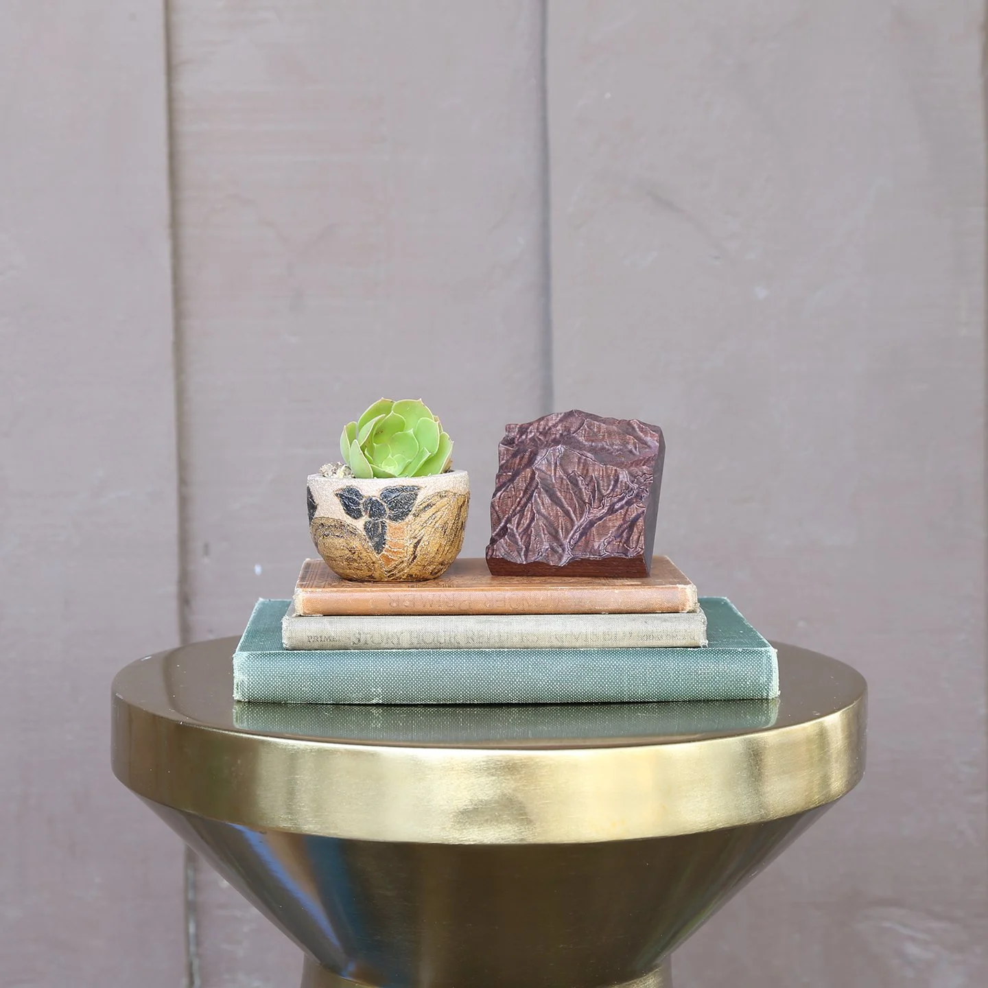 Solid walnut Mount San Jacinto topographic model with etched hiking trails, displayed beside a small succulent.