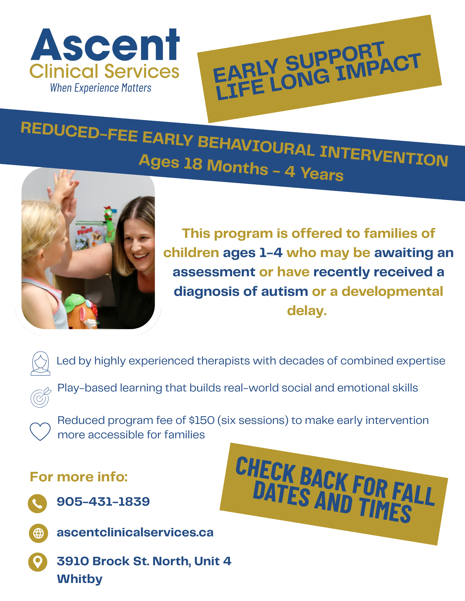 Early Behavioural Intervention, Reduced Fee Group, Ages 1-4 Years old