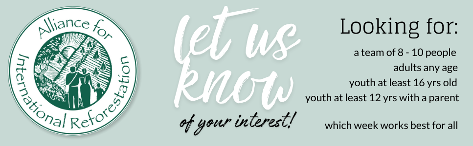 Flyer for Alliance for International Reforestation inviting people to share their interest, specifying team size, age groups, and preferred week.