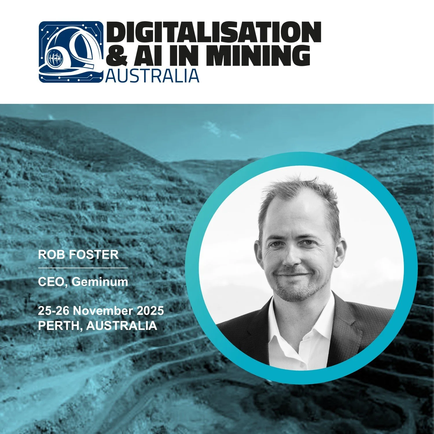 Rob Foster, CEO of Geminum, speaking at the Digitalisation & AI in Mining Australia conference in Perth on 25–26 November 2025.