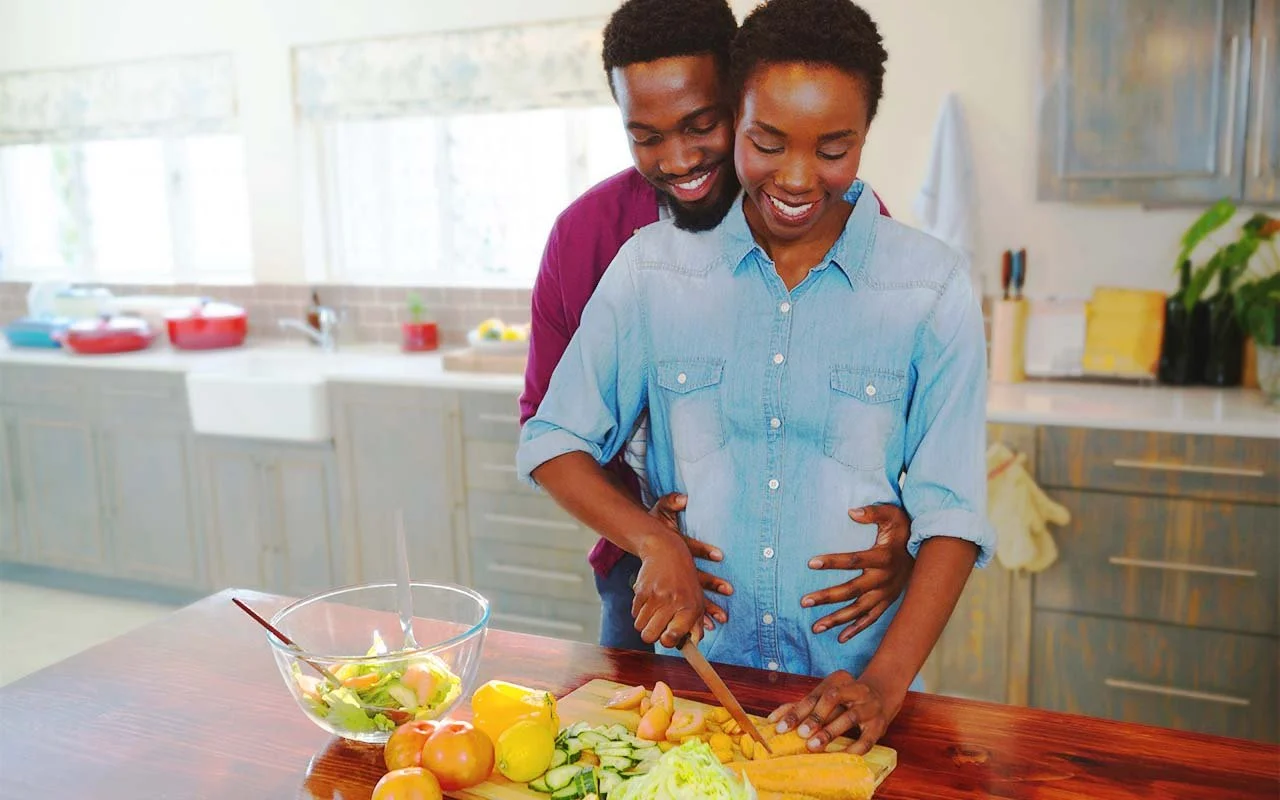 Pregnant Woman Happy Couple Nutrition Cooking Healthy Recipes