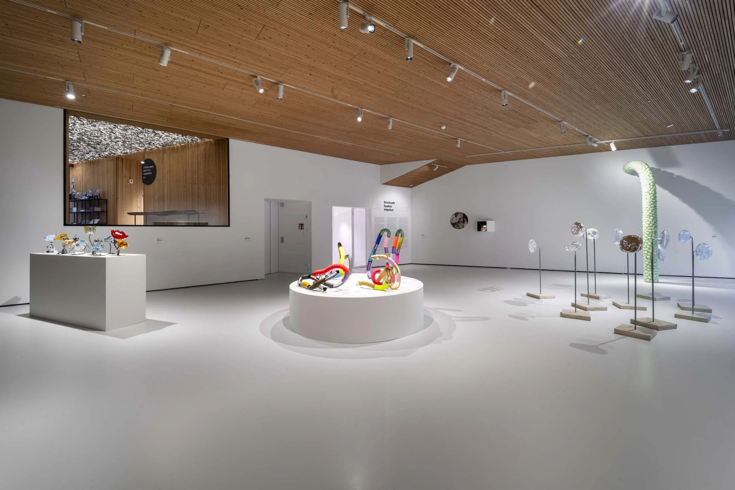 Glass sculptures in Impetus Exhibition in Chappe Museum, Tammisaari, Finland. Photo by Ahmed Alalousi. Finnish artists and Oiva Toikka art