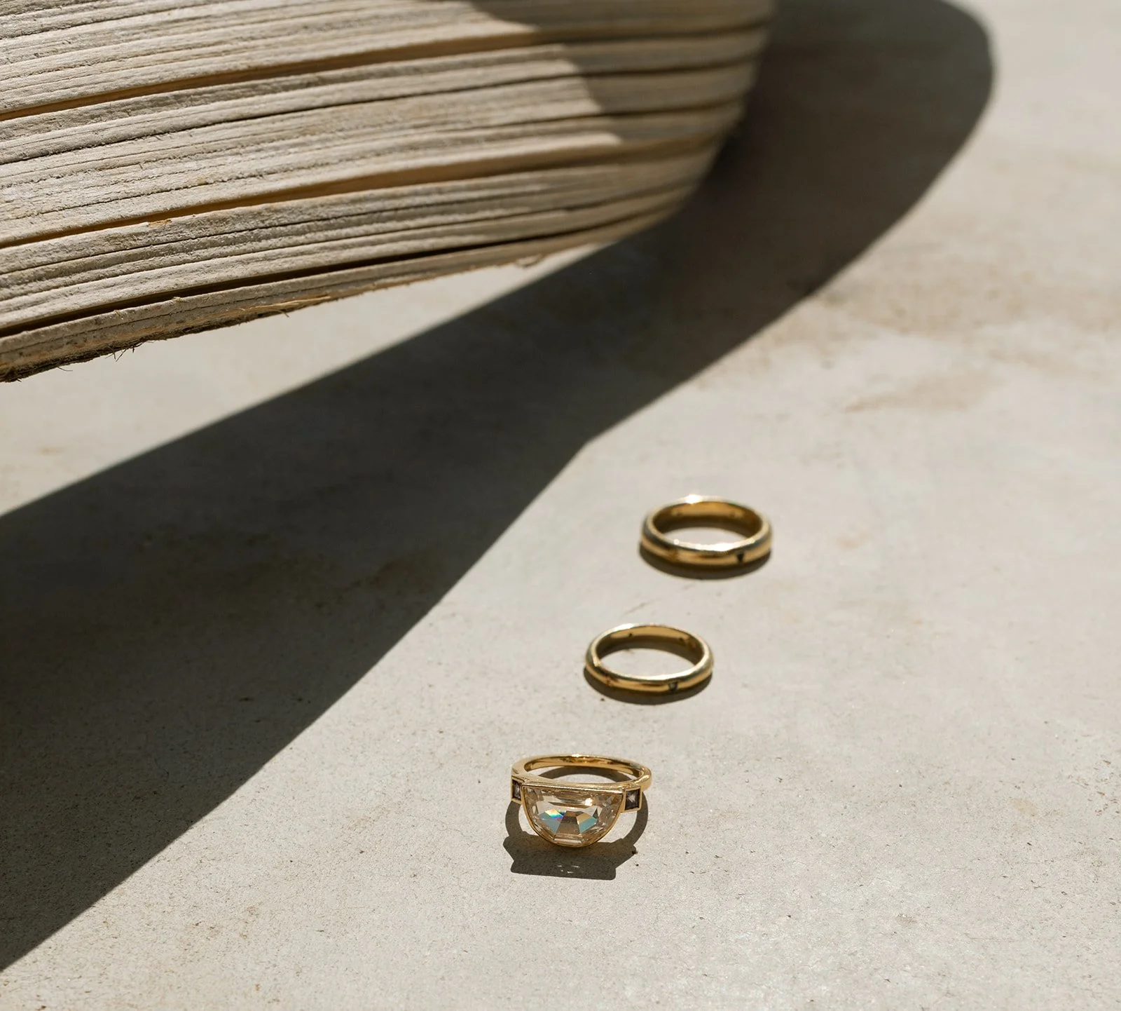 Wedding rings styled in natural desert light at Joshua Tree wedding.
