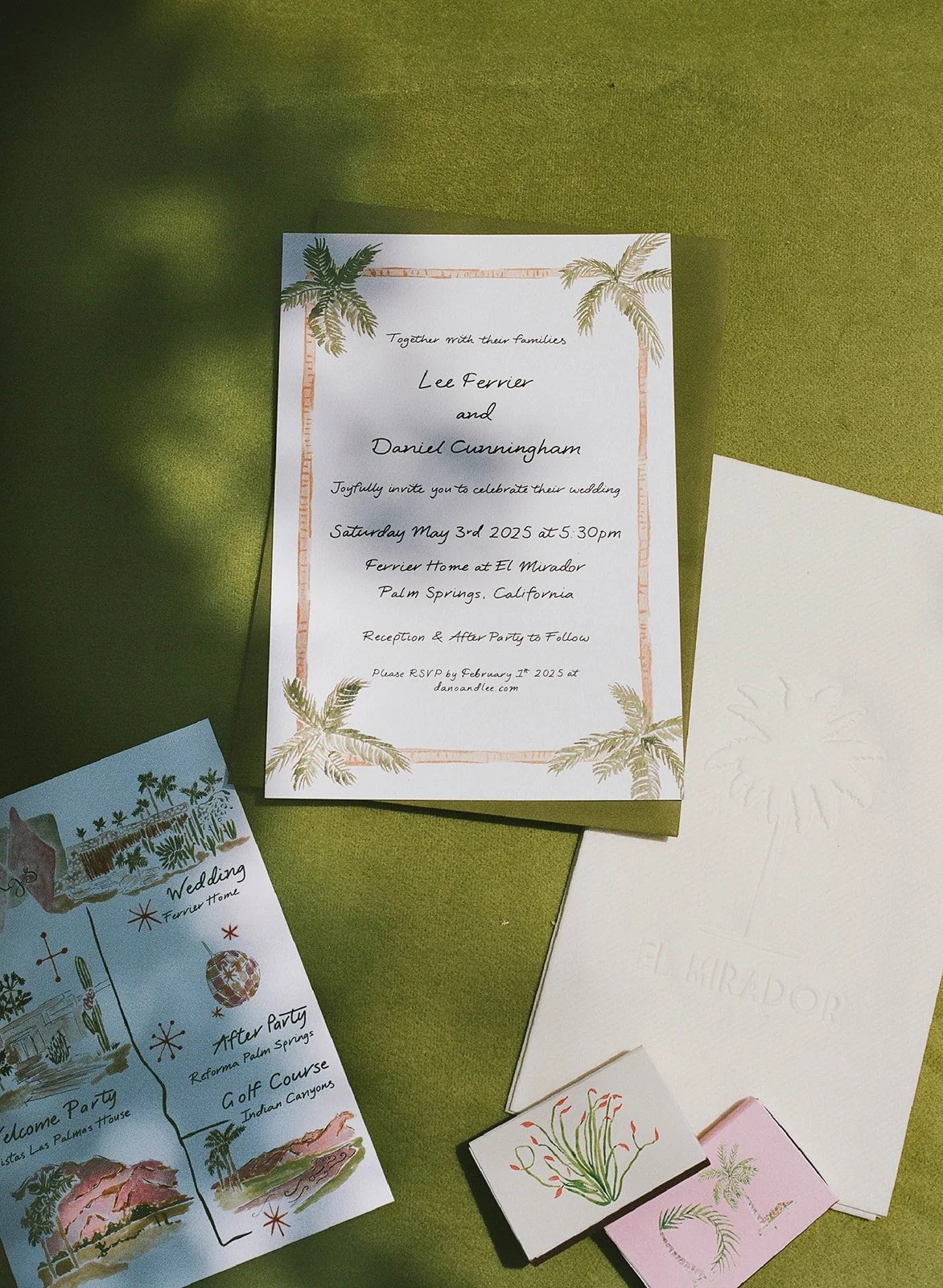Wedding invitation suite for a Palm Springs wedding.