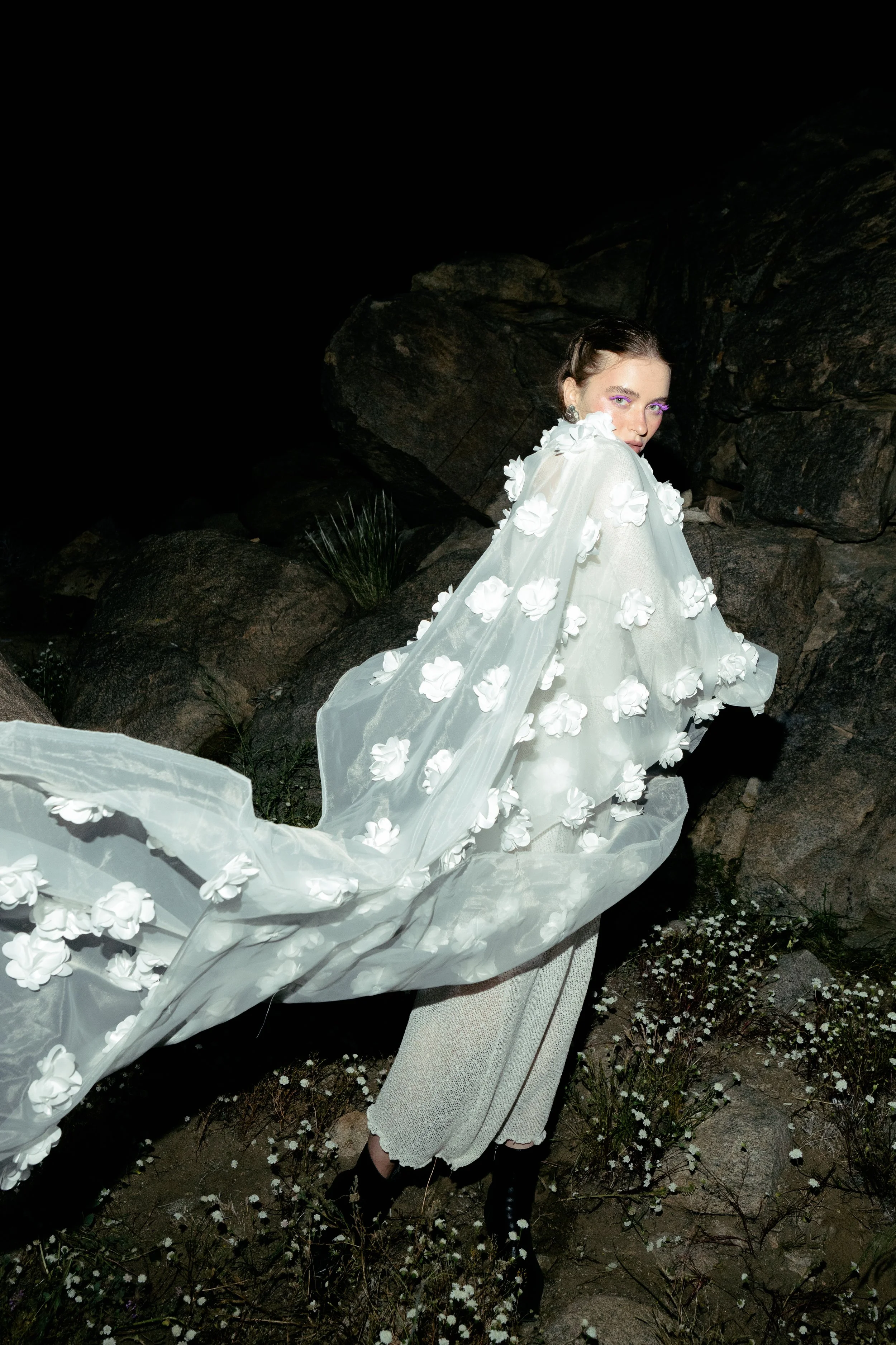 Bride in a sheer floral gown at a Southern California desert wedding at night