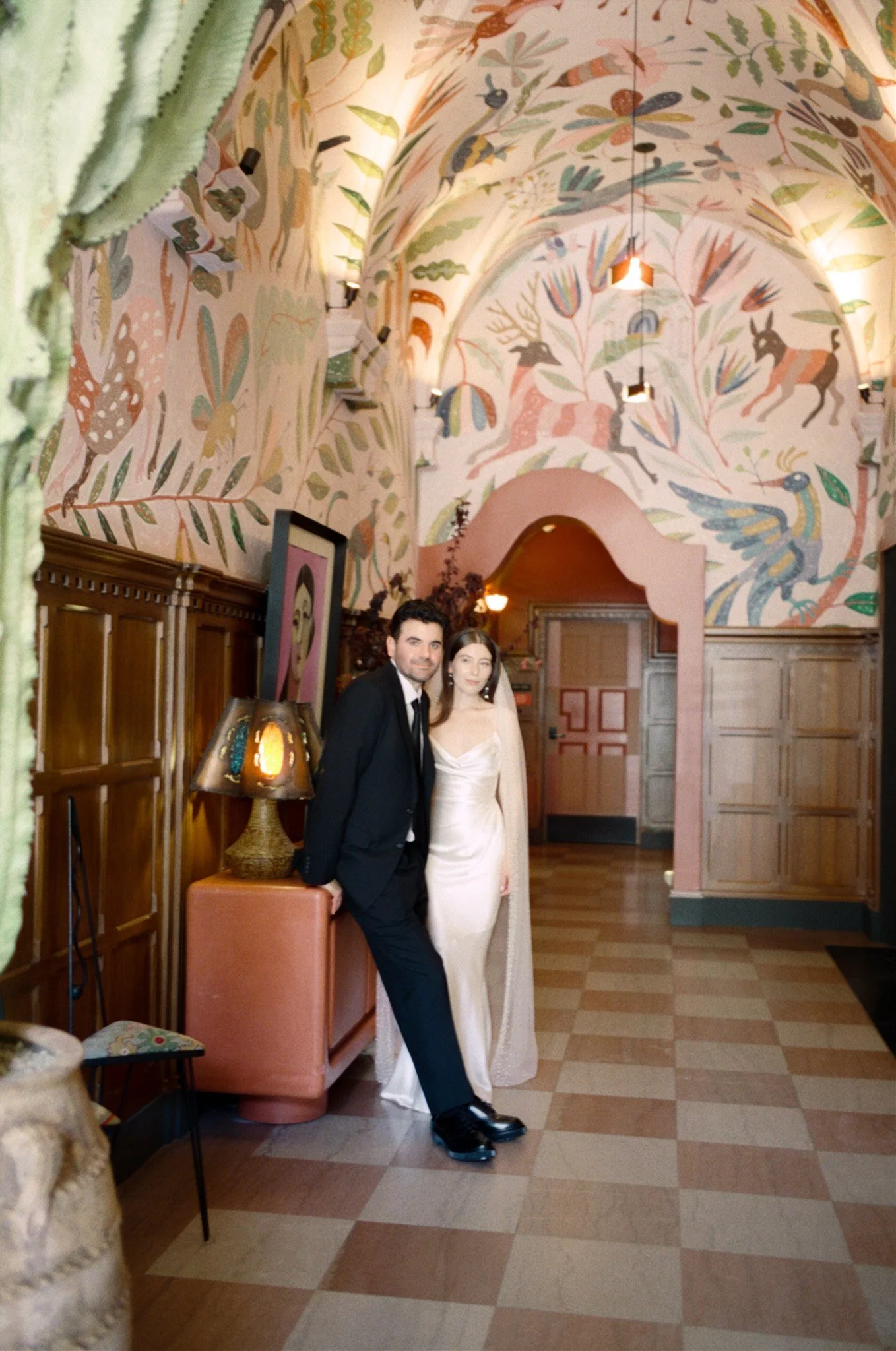 Bride and groom inside venue during a Los Angeles restaurant wedding.