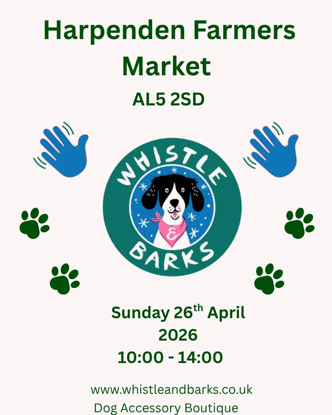 Join Whistle and Barks this Sunday at the Harpenden Farmers&rsquo; Market 🐾
Discover your go-to dog accessory boutique, featuring a vibrant spring collection of collars and leads, plus delicious treats made with all-natural ingredients. There&rsquo;