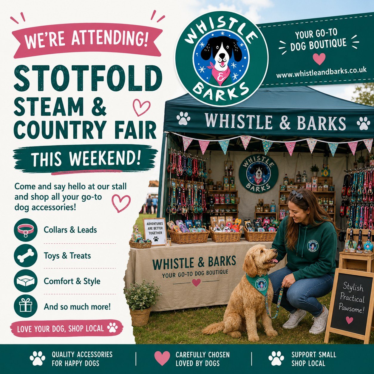 🐾 We&rsquo;re so excited to be attending the Stotfold Steam &amp; Country Fair this weekend! 🐾

Come and visit us at the Whistle &amp; Barks stall where you&rsquo;ll find all your go-to dog accessories &mdash; from stylish collars and leads to trea