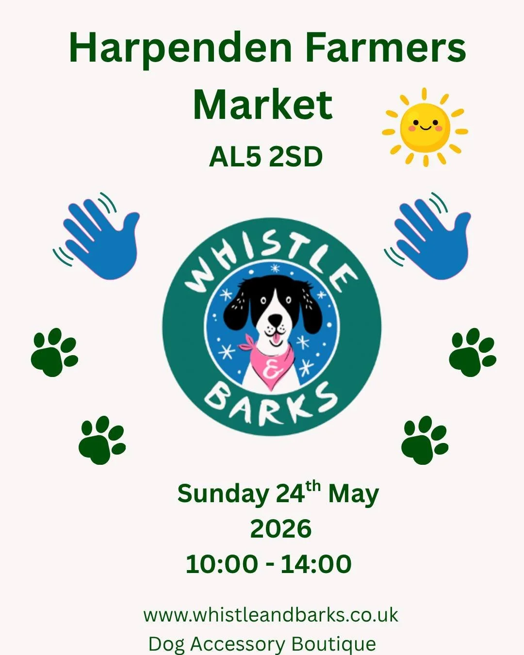 🐾 Whistle and Barks will be at the Harpenden Farmers&rsquo; Market this Sunday from 10:00am&ndash;2:00pm! 🐾
Your local go-to dog accessory boutique, Whistle and Barks offers beautiful leather collars and leads, sumptuous treats, grooming wipes, and