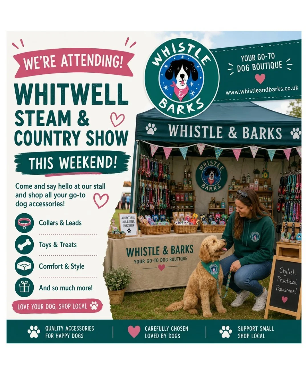 🚜🐾 Join Us This Weekend at the Whitwell Steam &amp; Country Fair! 🐾🚜
Whistle &amp; Barks is excited to be attending the Whitwell Steam &amp; Country Fair on 13th&ndash;14th June at SG4 8XY, and we'd love to see you there!
Come and browse our coll