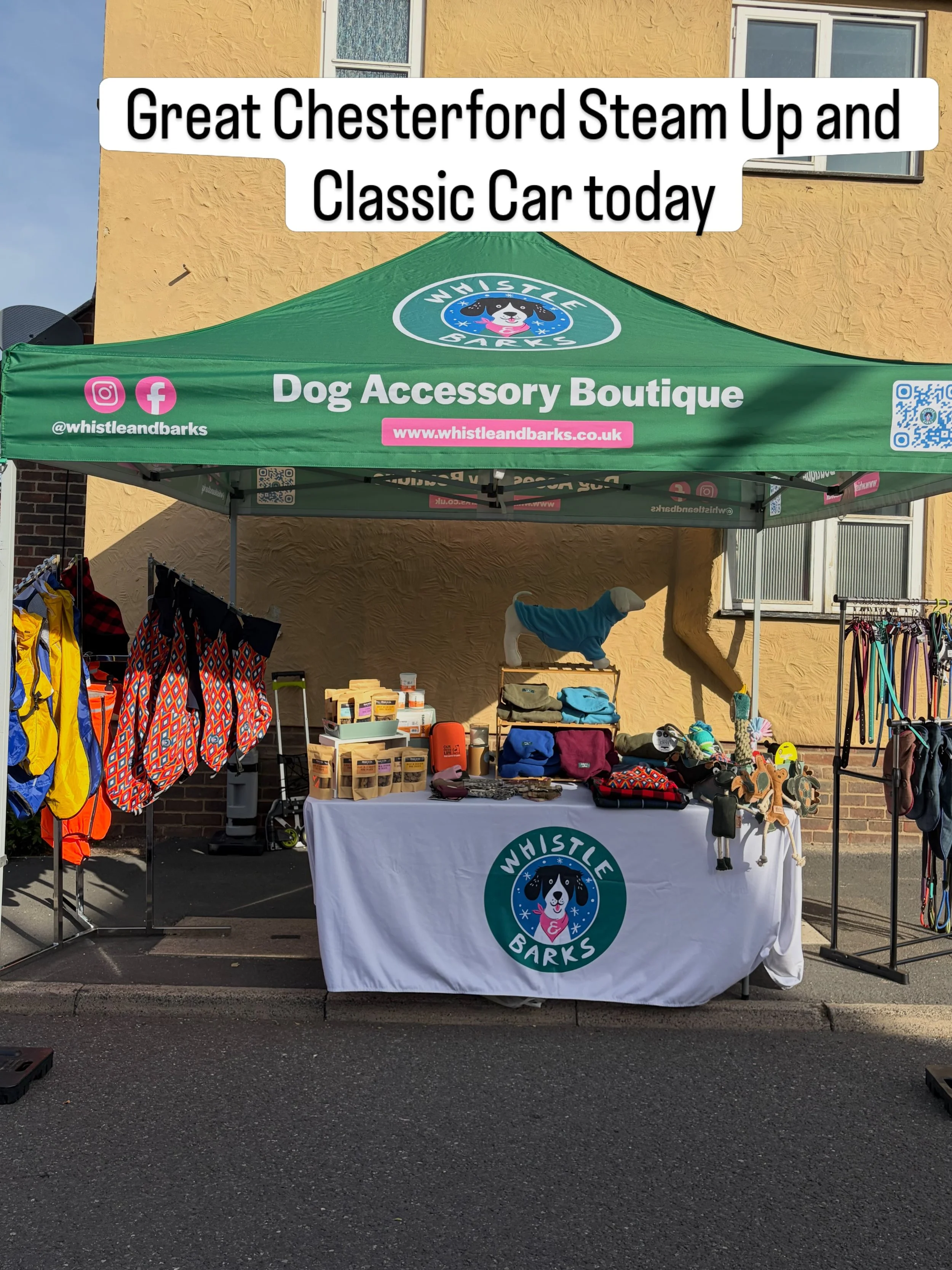 🐾🚗 We&rsquo;re at the Great Chesterford Steam &amp; Classic Car Event TODAY! 🚂🐾
Come and say HI to Whistle &amp; Barks &mdash; your go-to dog boutique! 🐶💕

We&rsquo;ve brought along lots of gorgeous goodies for your four-legged friends, includi