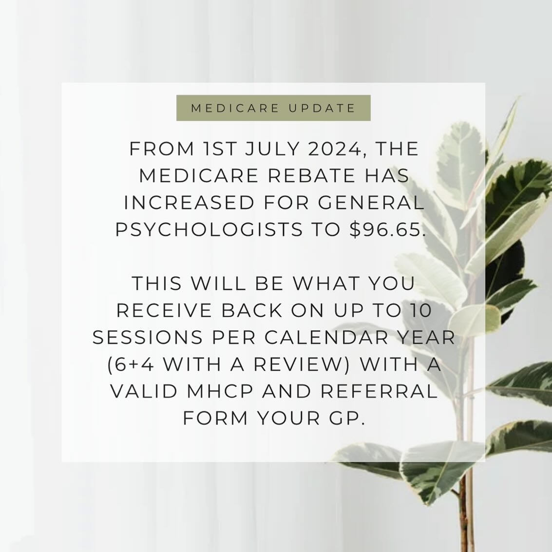 Increased Medicare rebates on psychology sessions from today.  For more information on referrals, please see the FAQ on the Phase Psychology website.✨