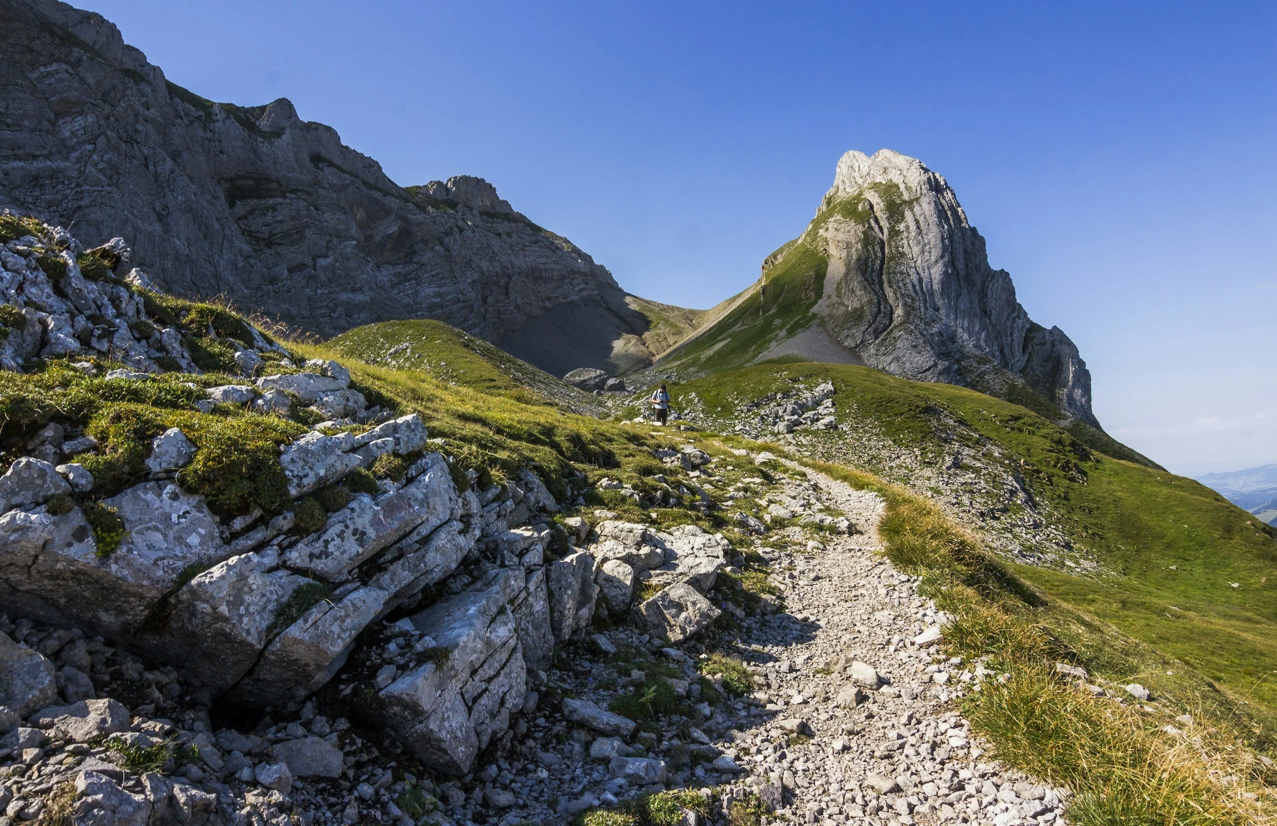 A hiker walking along a rocky mountain trail surrounded by green grass with large rugged mountains in the background under a clear blue sky.