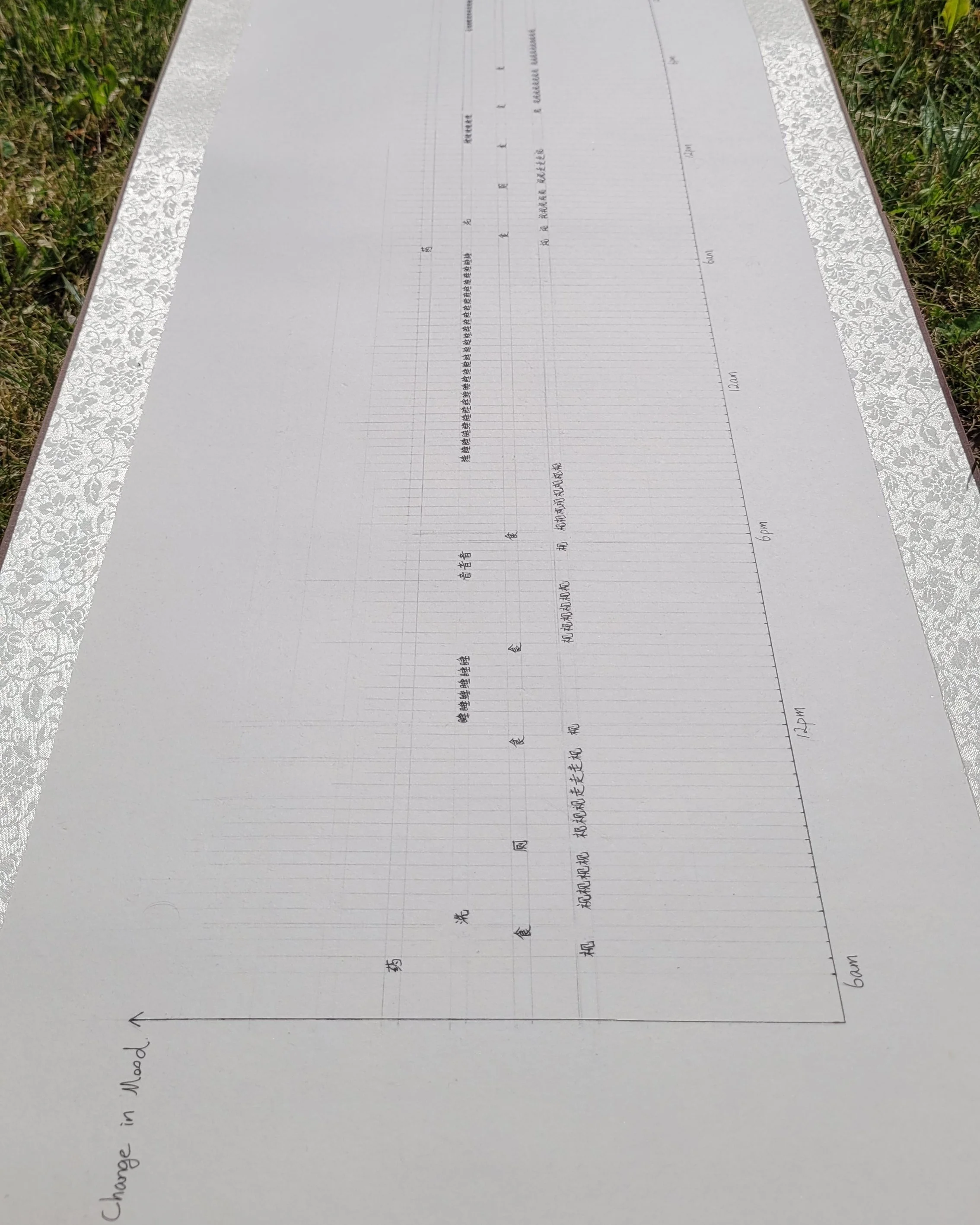 A Week of Grandpa's Life, 2025, ink pen on rice paper scroll, 40 x 310 cm
